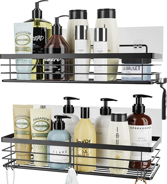 Orimade Shower Caddy with 5 Hooks for Hanging Razor and Sponge Adhesive Shower Shelf Bathroom Accessories Organiser Storage Kitchen Rack Rustproof No Drilling Stainless Steel - 2 Pack (Black)