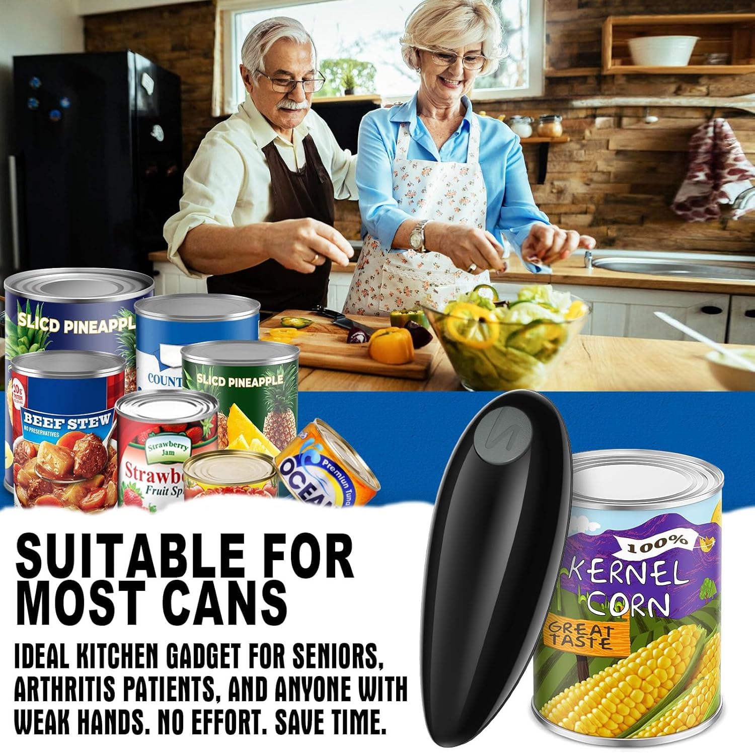Electric Can Opener, One Touch Electric Can Opener Open Almost Can with Smooth Edge, Battery Operated Can Opener, Kitchen Gadget Gift for Kitchen, Seniors, Chef, Arthritis (Black)