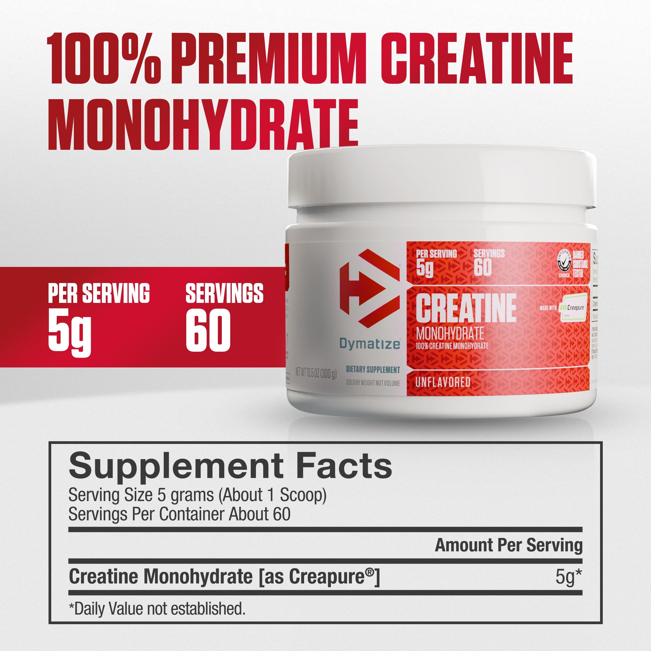 Dymatize Monohidrato de creatina con Creapure®, 100% en polvo, 0.18 oz por porción, 60 porciones (10.58 oz), creatina para mujeres y hombres, sin gluten