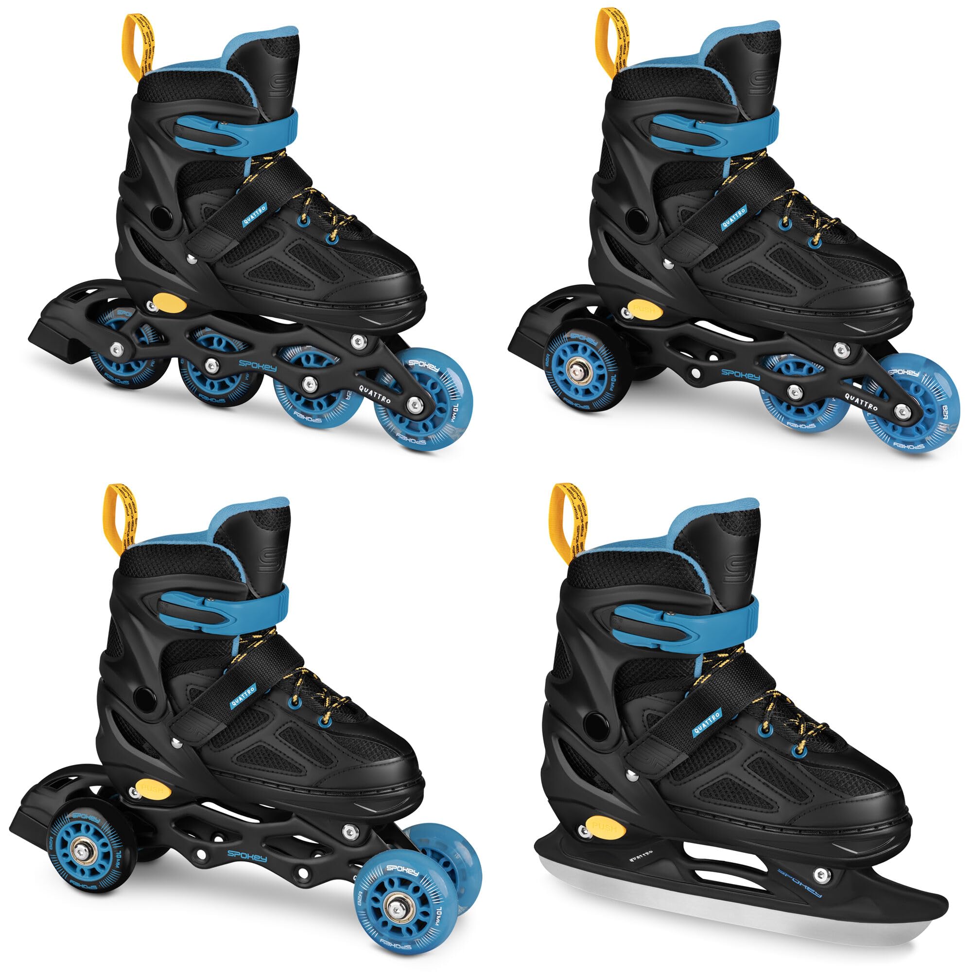 SPOKEY QUATTRO Set 4 in 1 pattini in linea/pattini a rotella/triskates/pattini regolabili | per bambini e ragazzi | pattini in linea convertibili in pattini a rotelle | Taglie: 30-33, 34-37, 38-41