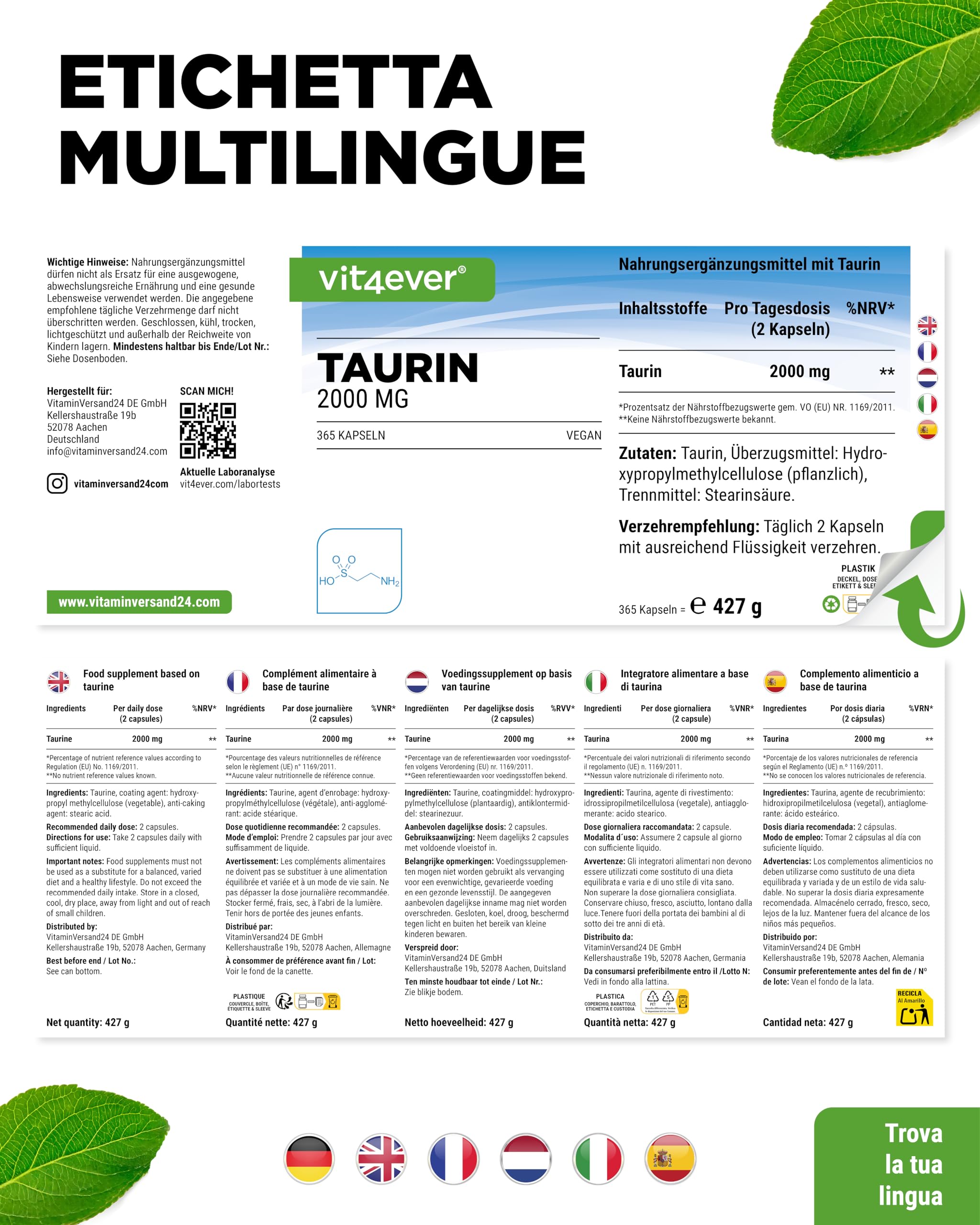 vit4ever Taurina - 365 Capsule - Extra Alto Dosaggio con 2000 mg per Dose Giornaliera (2 Capsule) - Oltre il 99% di Purezza - Senza Additivi Inutili, Vegano