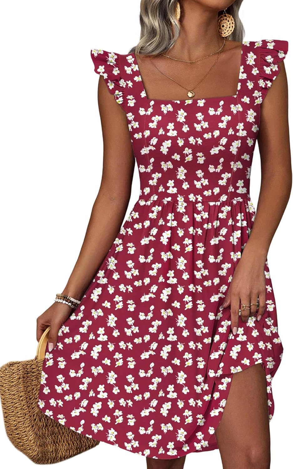 Loemes Summer Casual Cute Floral Flowy Square Neck Sundressses with Pocket Beach Dress for Women