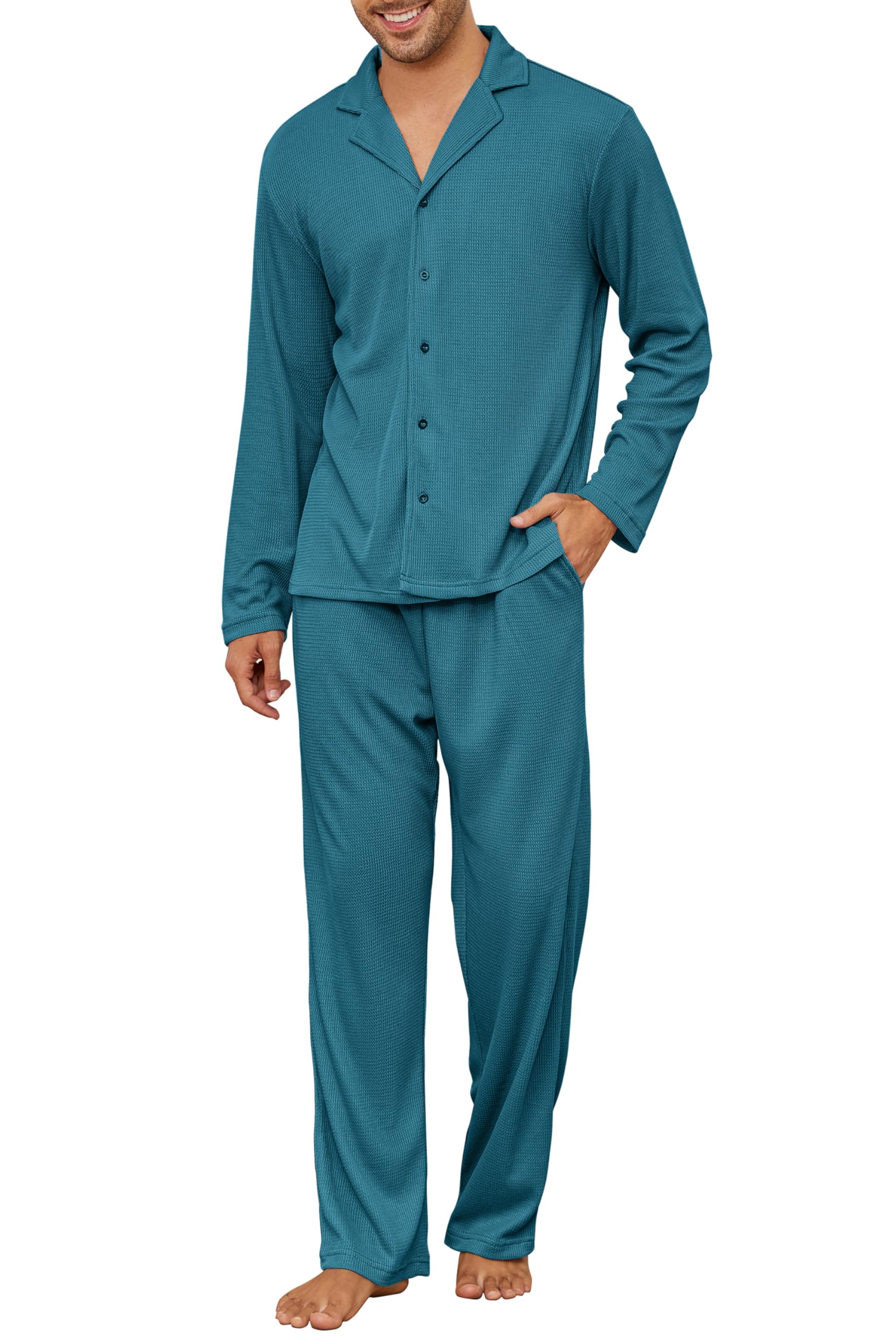 Andeip Men's Pajama Set Waffle Knit Lounge Pjs Set Long Sleeve Top and Pants Sleepwear 2 Piece Button Down Loungewear