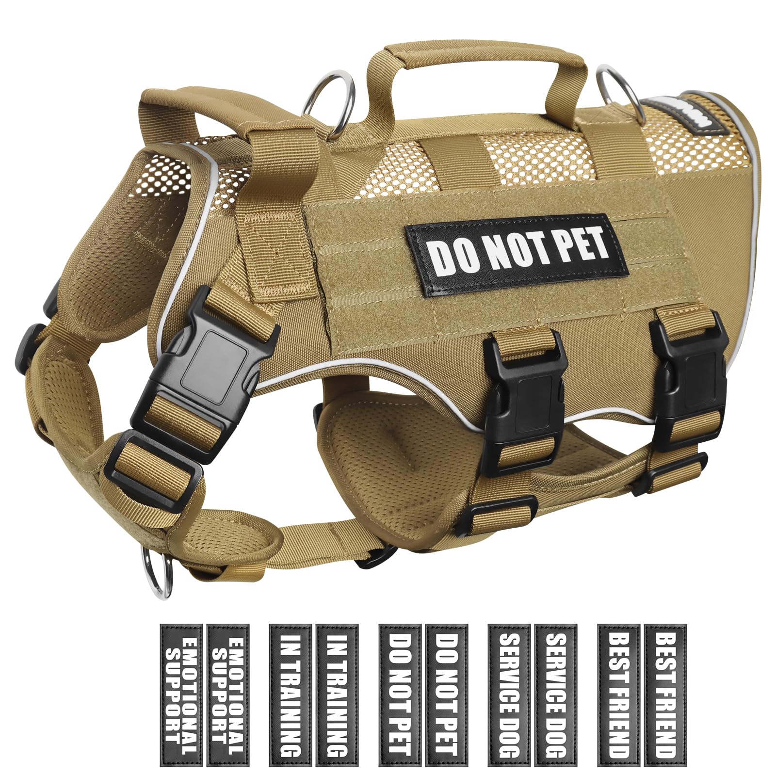 WINSEE Mesh Dog Harness with 10 Pet Patches for Large Service Dog in Training, Breathable Tactical Molle Vest with Double Handles, Reflective Military