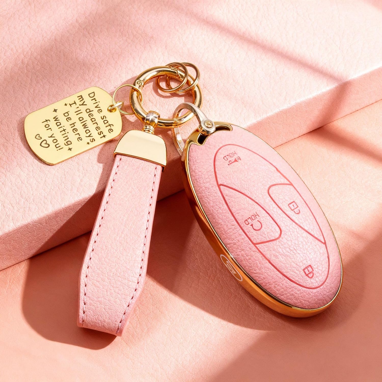 Soft TPU & Leather Key Fob Cover Compatible with Hyundai Ioniq 6 Grandeur KONA Santa Fe Elantra Tucson Sonata Sonata SEL Santa Cruz, with Keychain & Metal Blessing Tag (5 Button Pink)