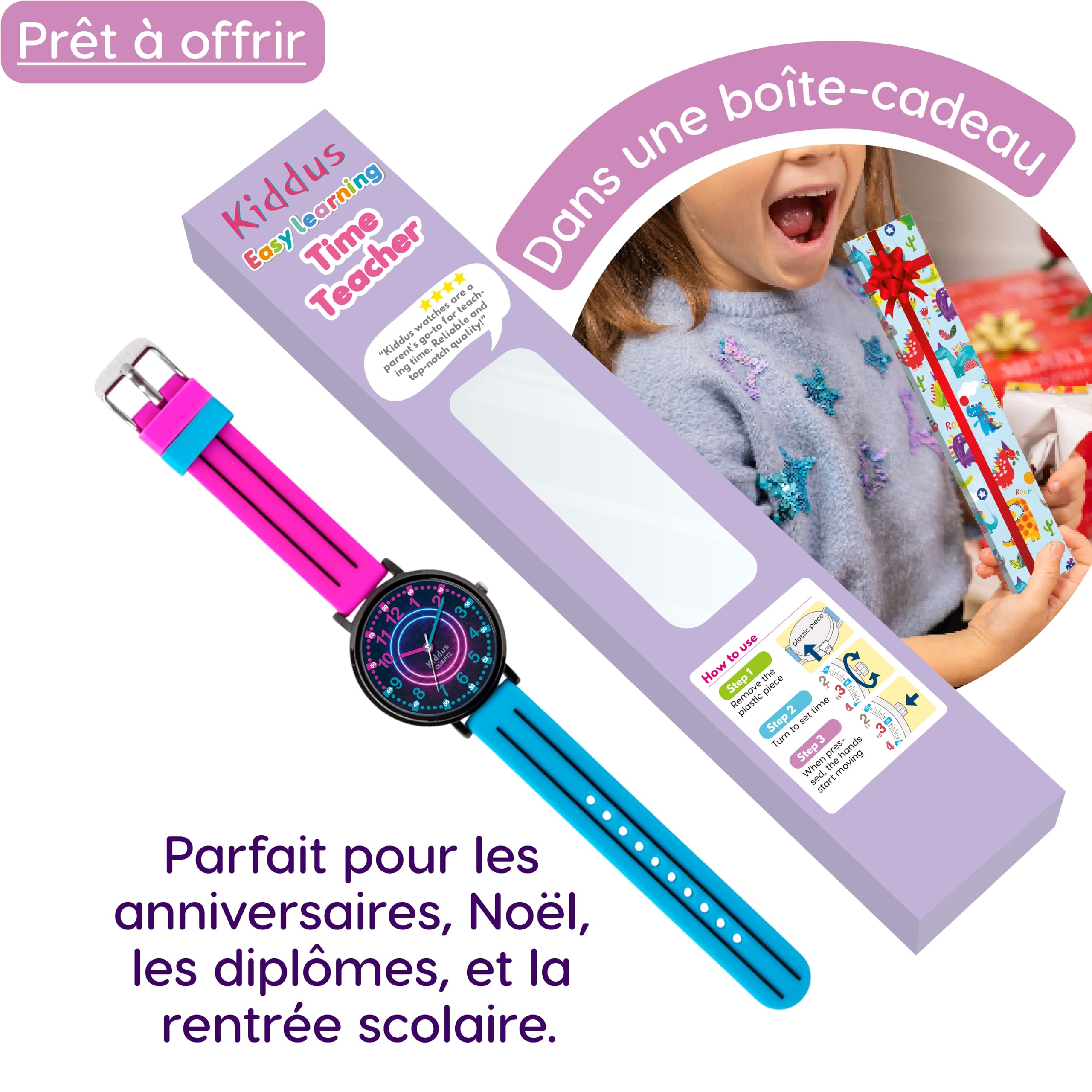 Kiddus Montre Éducative pour Enfants, Montre Bracelet Analogique pour Garçon et Fille à partir de 5 Ans, Waterproof 5ATM, Première Cadeau Apprentissage pour Enfant