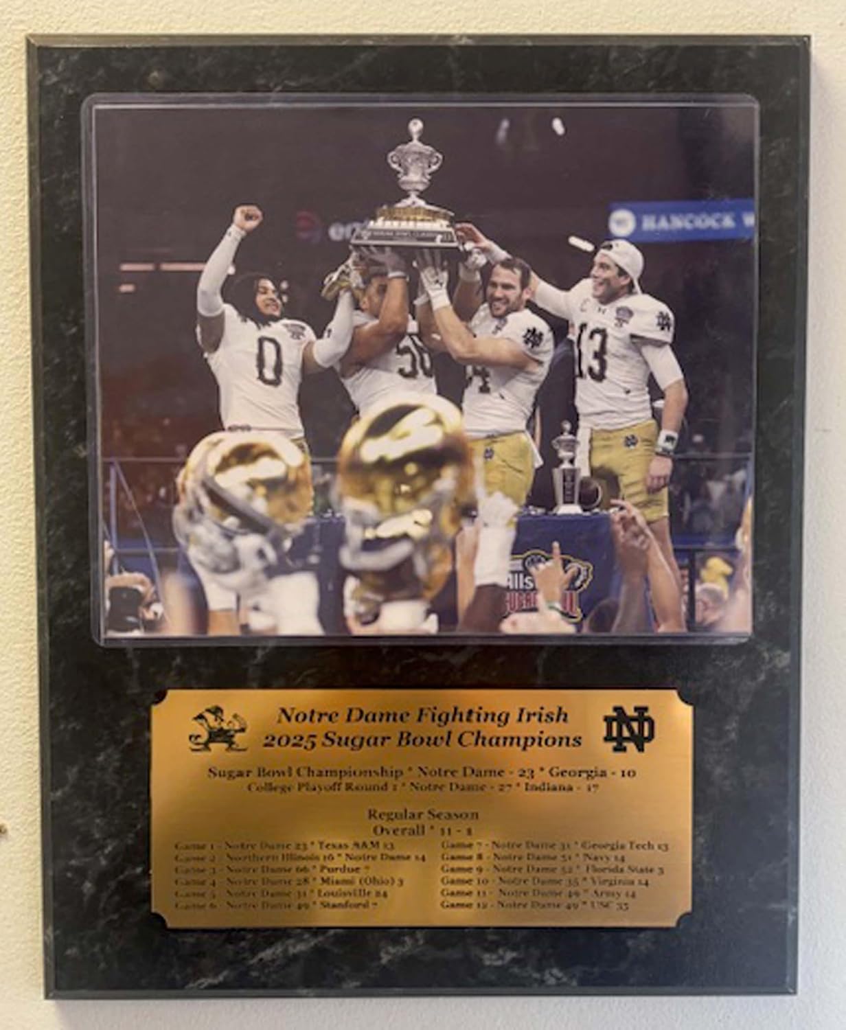 Notre Dame 2025 Sugar Bowl Champions 8x10 Photo plaque with an engraved nameplate with season game results (Black Marble)