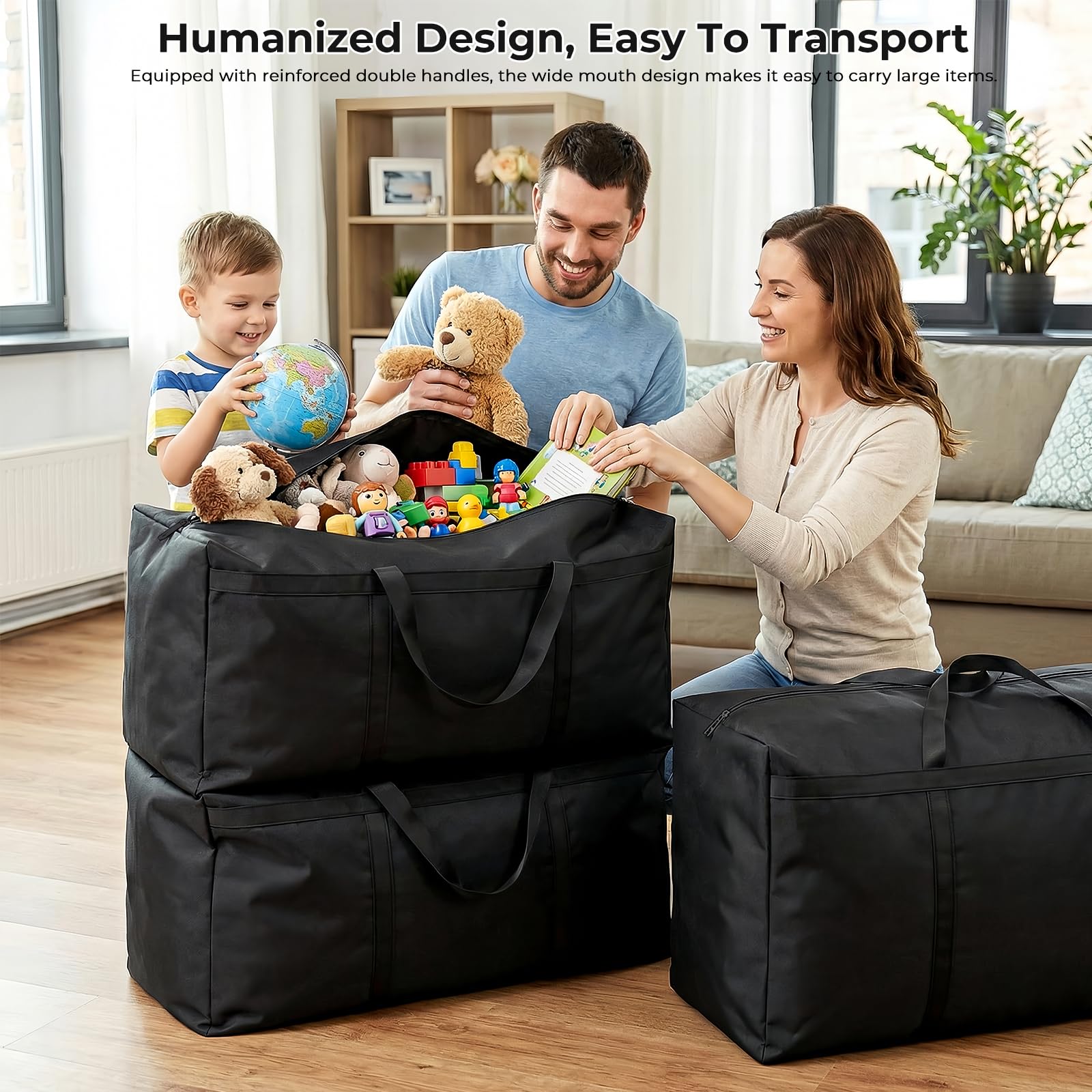 Lot de 4 Sacs de déménagement de 105 L, Grands sacs de rangement avec fermetures éclair, Oxford Noir imperméables sac de demenagement pour coussins, vêtements, linge de lit, rangement