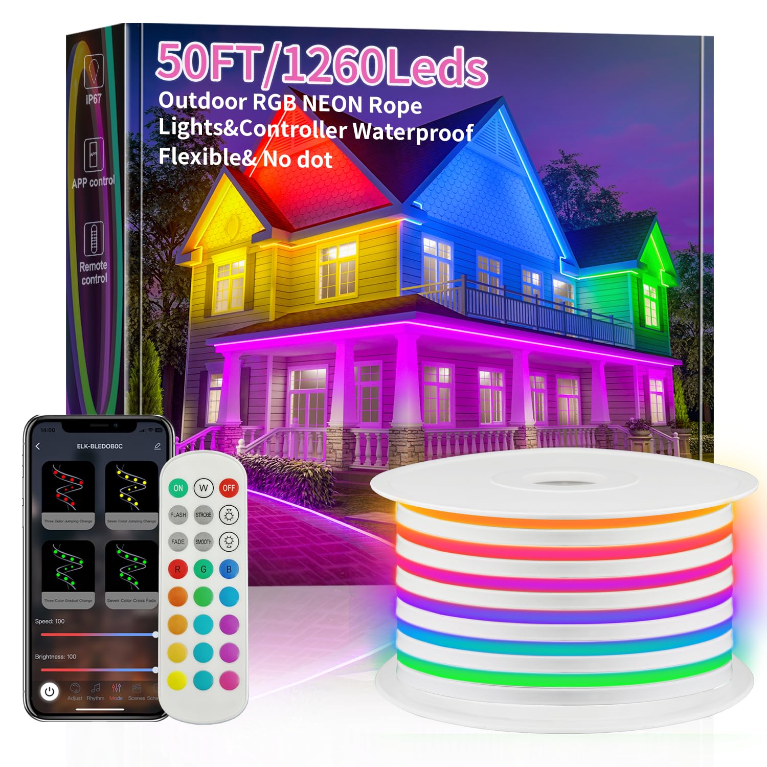 Photo 1 of 50ft Neon Rope Lights,RGB LED Neon Outdoor Strip Lights Waterproof?APP Remote Control Music Dimmable,84LED/m LED Rope Lights for Outside,Neon Lights Pool Deck Yards Christmas Indoor Outdoor Décor
