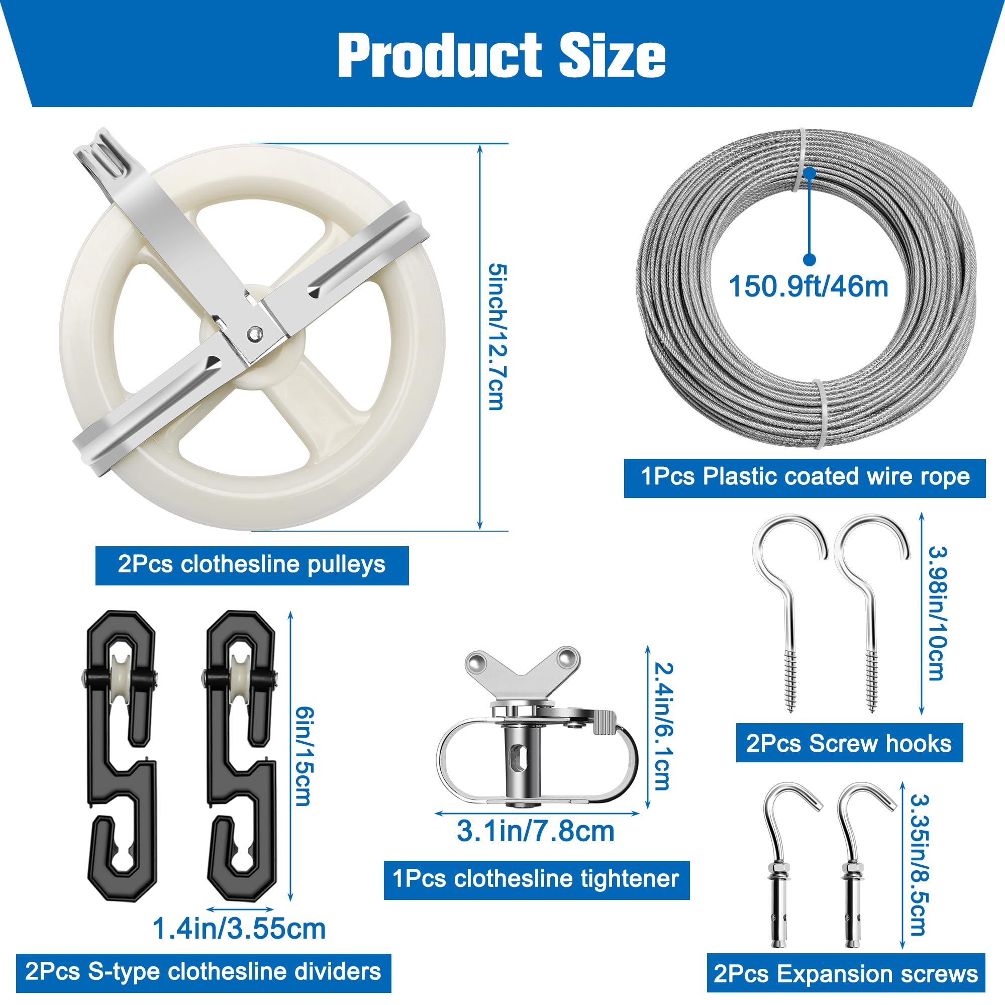Wäscheleinen-Set für den Außenbereich, mit 45 m langem Drahtseil, PVC-Beschichtung, 12,7 cm Wäscheleine, 2 S-Typ-Wäscheleinen-Trennwände, 1 Wäscheleinenspanner, 2 Schraubhaken und