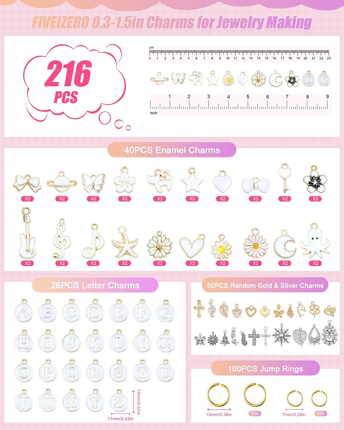 FIVEIZERO 216PCS Bracelet Charms for Jewelry Making – Assorted Gold & Silver Metal Enamel Pendants with Jump Rings for Necklaces, Earrings, & DIY Jewelry Crafts(White) - Image 2