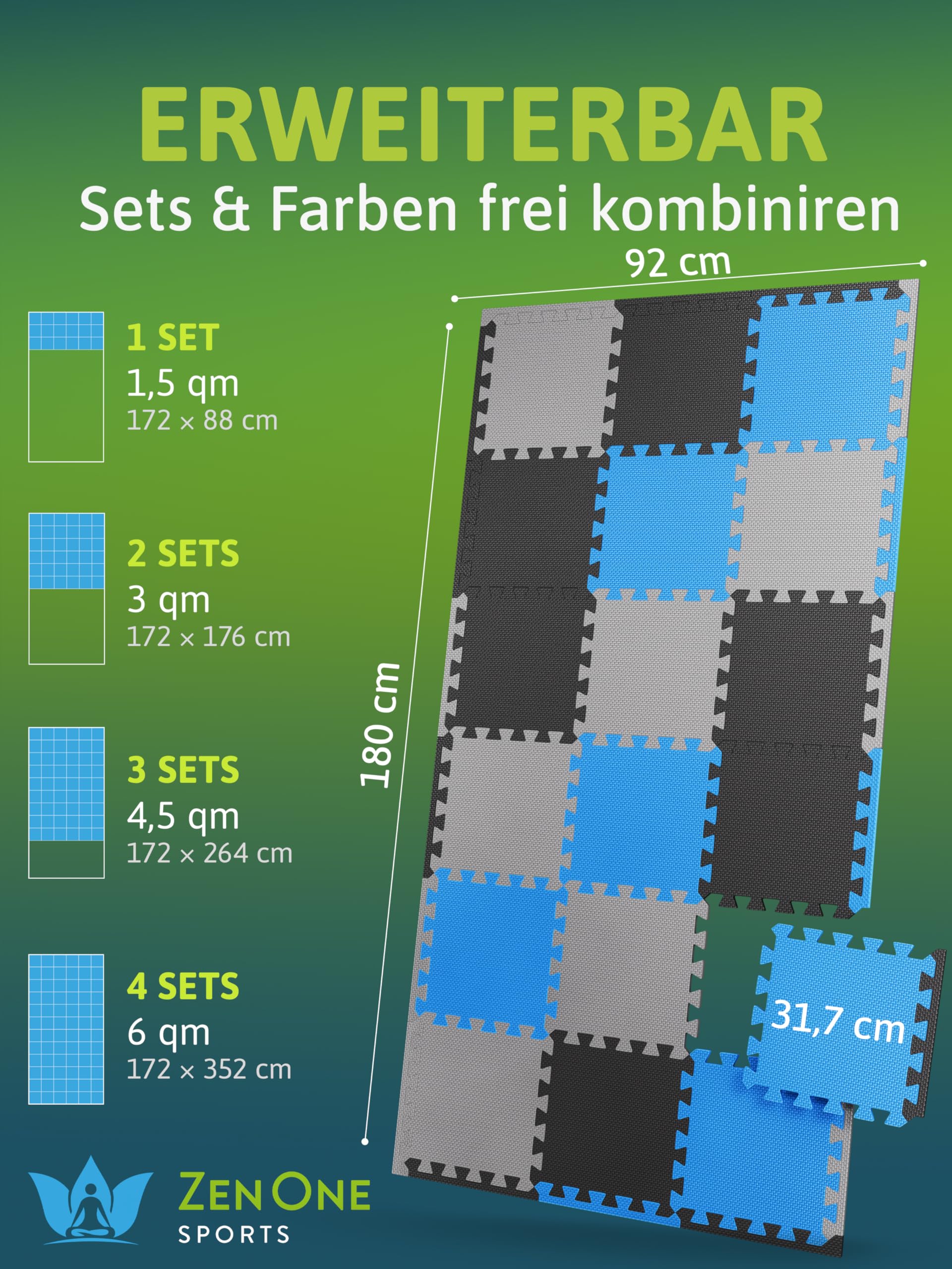 ZenOne Sports® Bodenschutzmatte Fitness I Puzzlematte Boden - 30x30x1cm I Individuell verlegbare Trainingsmatte für dein Home Gym I Robuste Bodenmatte für Sportgeräte, Schaumstoffmatte