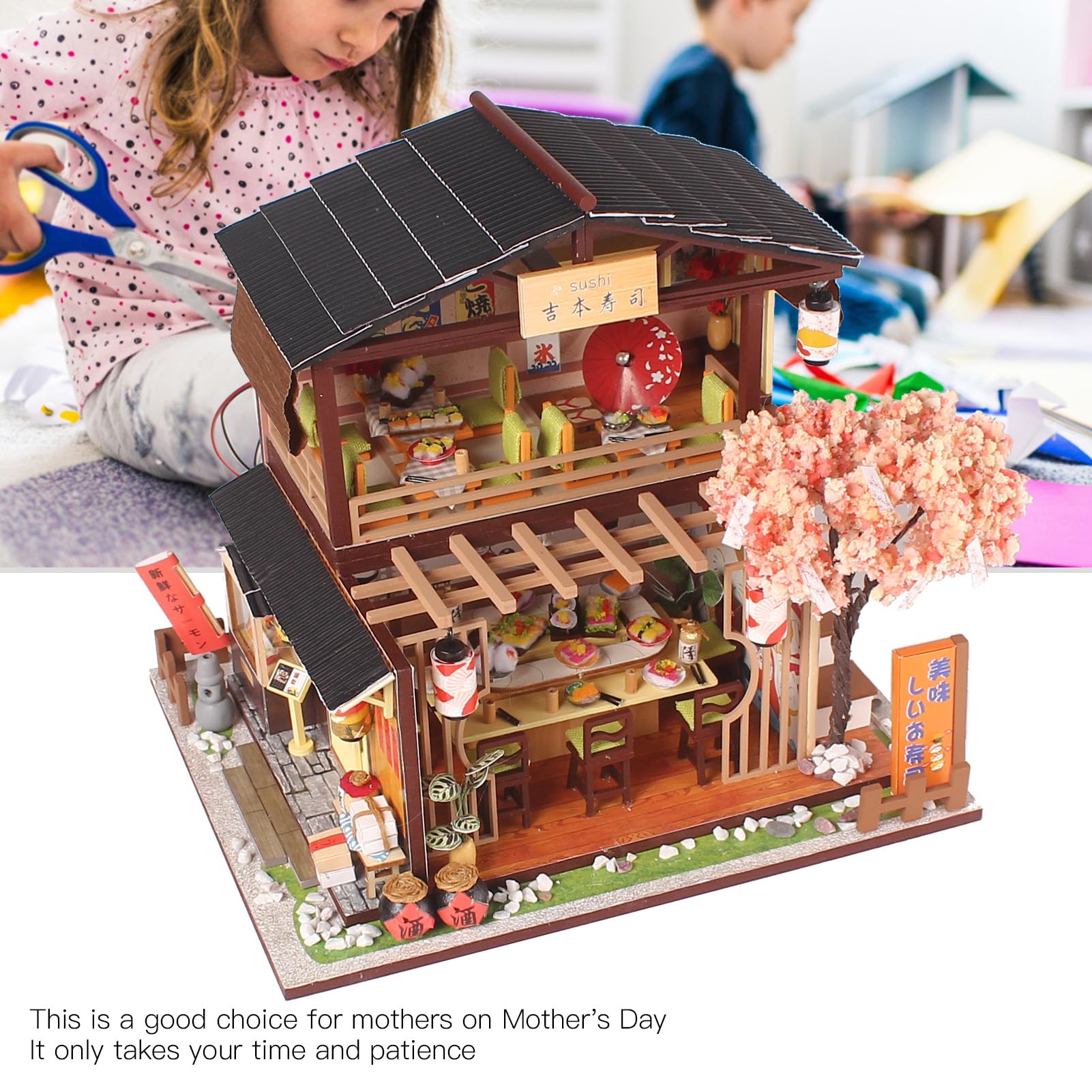 DIY Sushi Shop Model, Dollhouse Miniature DIY House Kit Wooden Creativity Japanese LED Assembly Mold Toys Creative Room with Furniture for Romantic Valentine's Gift