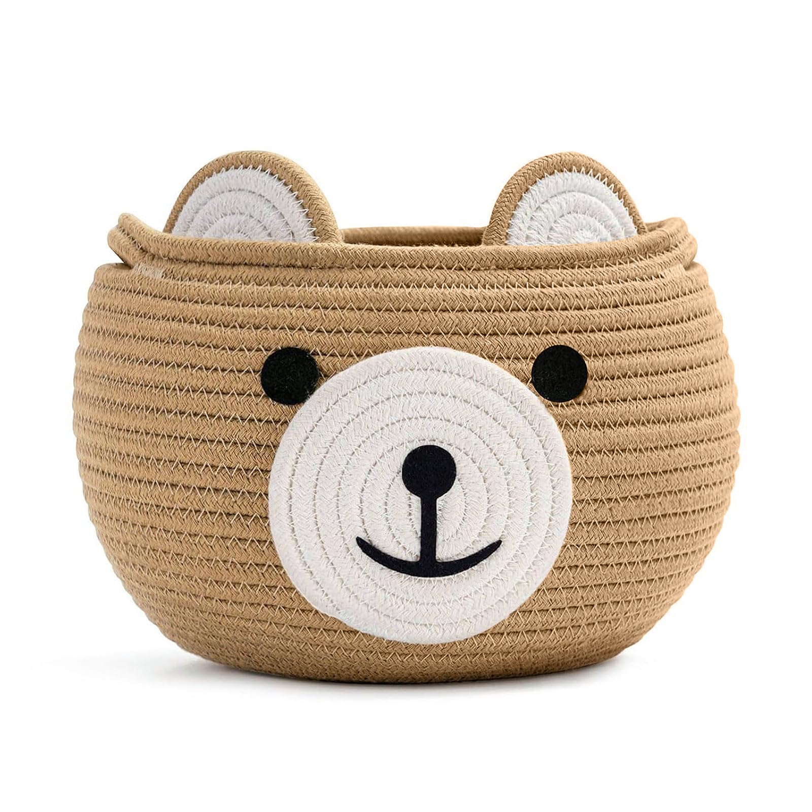 Cesto portaoggetti per bambini a forma di orso in corda di cotone – Cesto porta giochi rotondo con maniglie nascoste, contenitore morbido per cameretta, sala giochi e soggiorno
