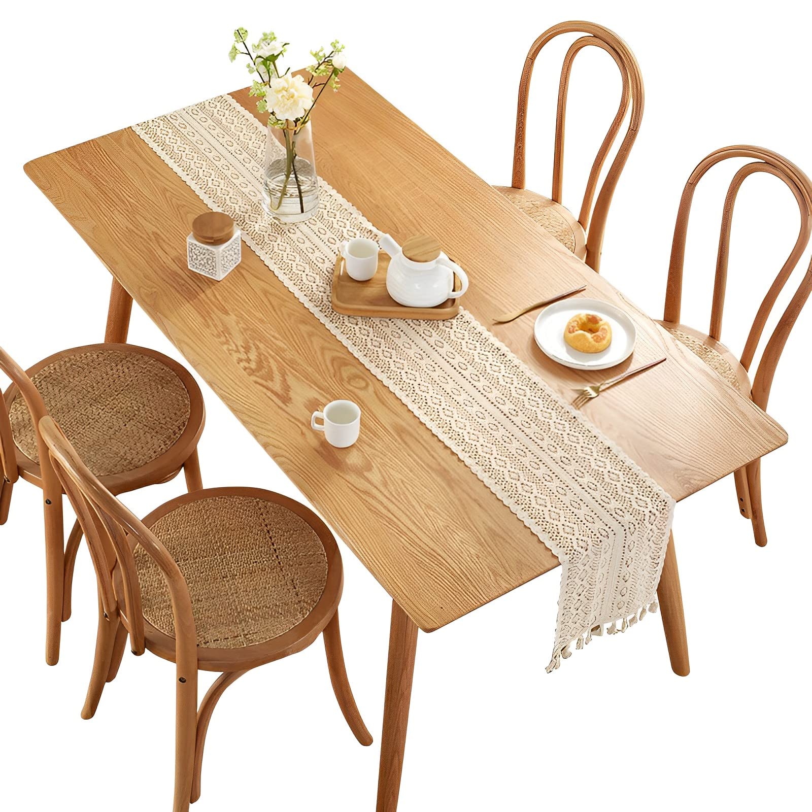 Boho Table Runner,Rustic Farmhouse Style Table Runners,Handmade Fringe Braided Stripe Woven Cotton Linen Table Runner for Holiday Party, Wedding and Dining Decorations (Knitted hollow-9.5*71 in)