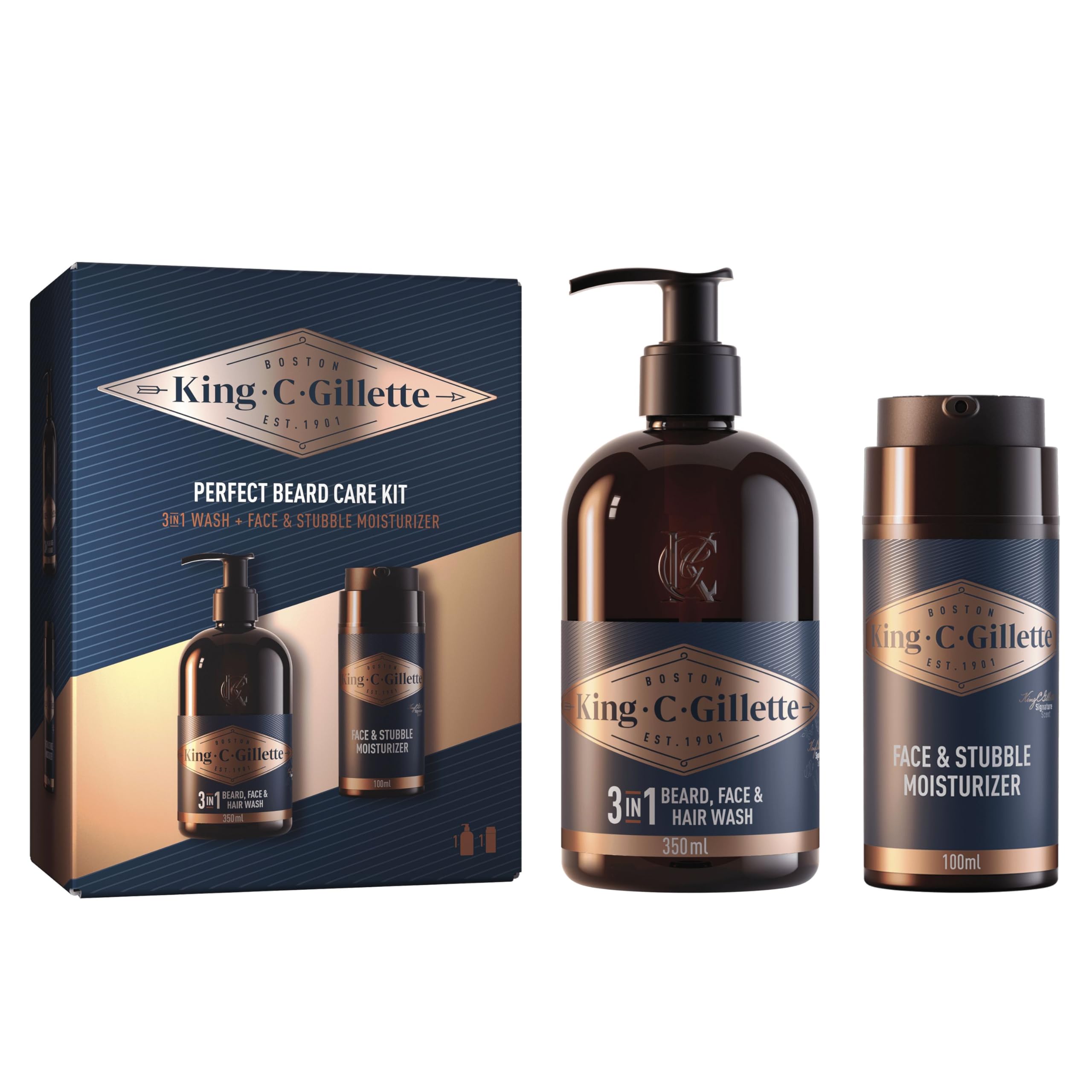 King C. Gillette, Geschenk-Set, perfektes Ritual-Set mit Bart-, Gesichts- und Haarreiniger, 3 in 1, 350 ml und Bartcreme, 100 ml für Barthaare
