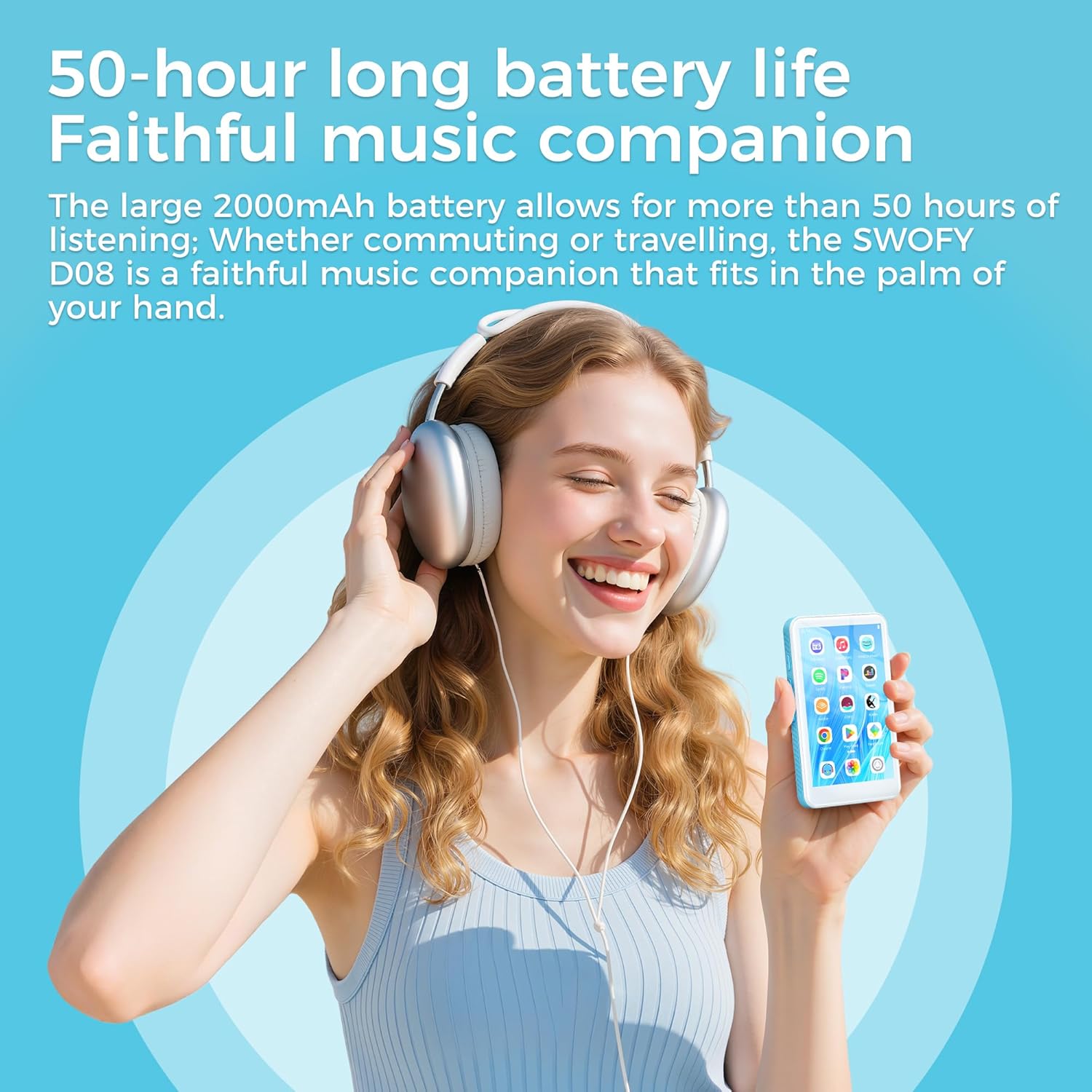 A woman wearing headphones and holding the SWOFY D08 player, with text '50-hour long battery life Faithful music companion'.
