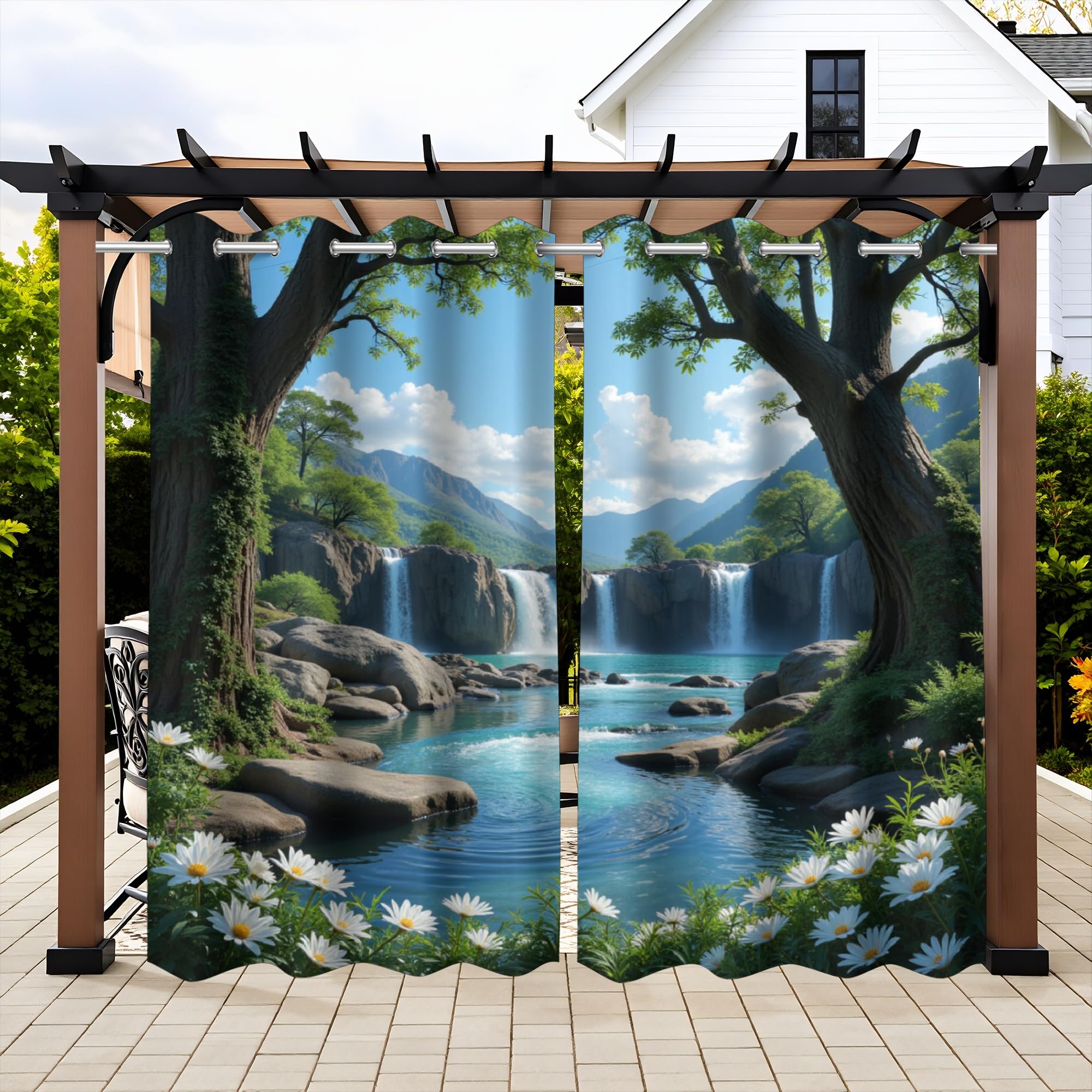 Stream Theme Outdoor Curtains for Patio Waterproof,Waterfall Scenery Print,Privacy Curtains for Porch Pergola Arbor Lanai Pool House Outside Deck,Set of 2 Panels,W54 x L108,Blue Green 54"W x 108"L (Pack of 2) Blue Green 15180