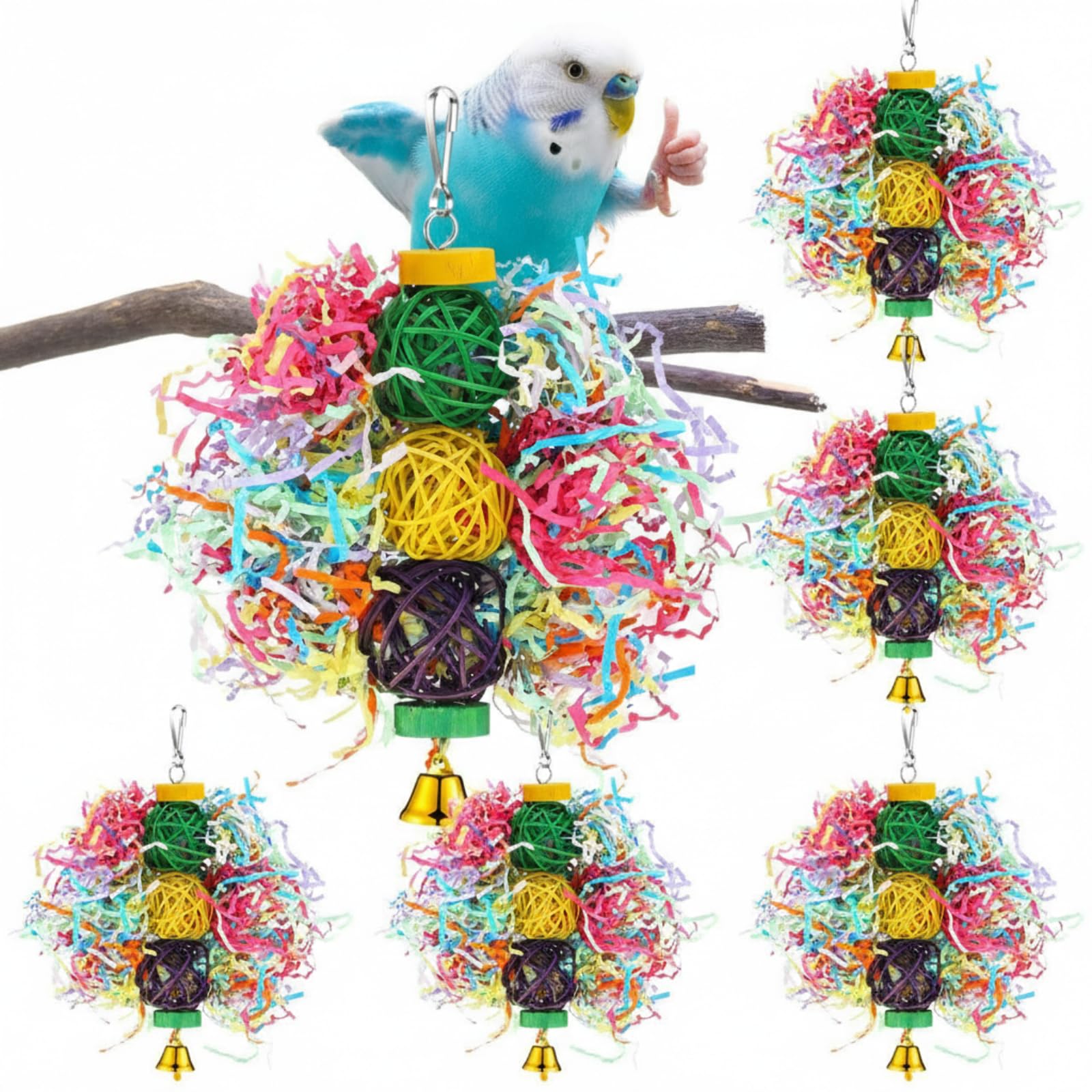 Tasdurian 6 Pcs Bird Toy Parrot Chew Toy for Large Birds Rattan Ball Crinkle Paper Bird Shredding Toys Parrots Cage Accessories with Bell for African g Parrots Cockatoos Macaws Small Medium Parrot