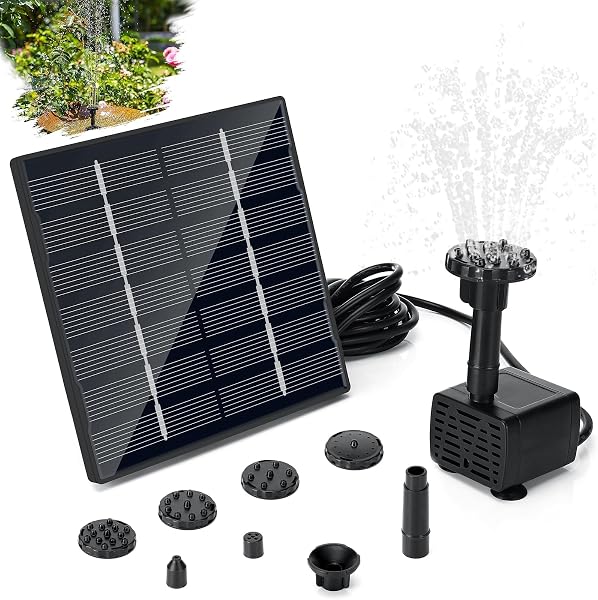 Sprifityy Fontaine Solaire 1.5W,Pompe de bassin solaire avec 6 Buses,Pompe à Eau Solaire d'extérieur avec conduite d'eau de 3 m et piquet,pour Bain d'oiseaux,étangs,piscine,Jardin - 1