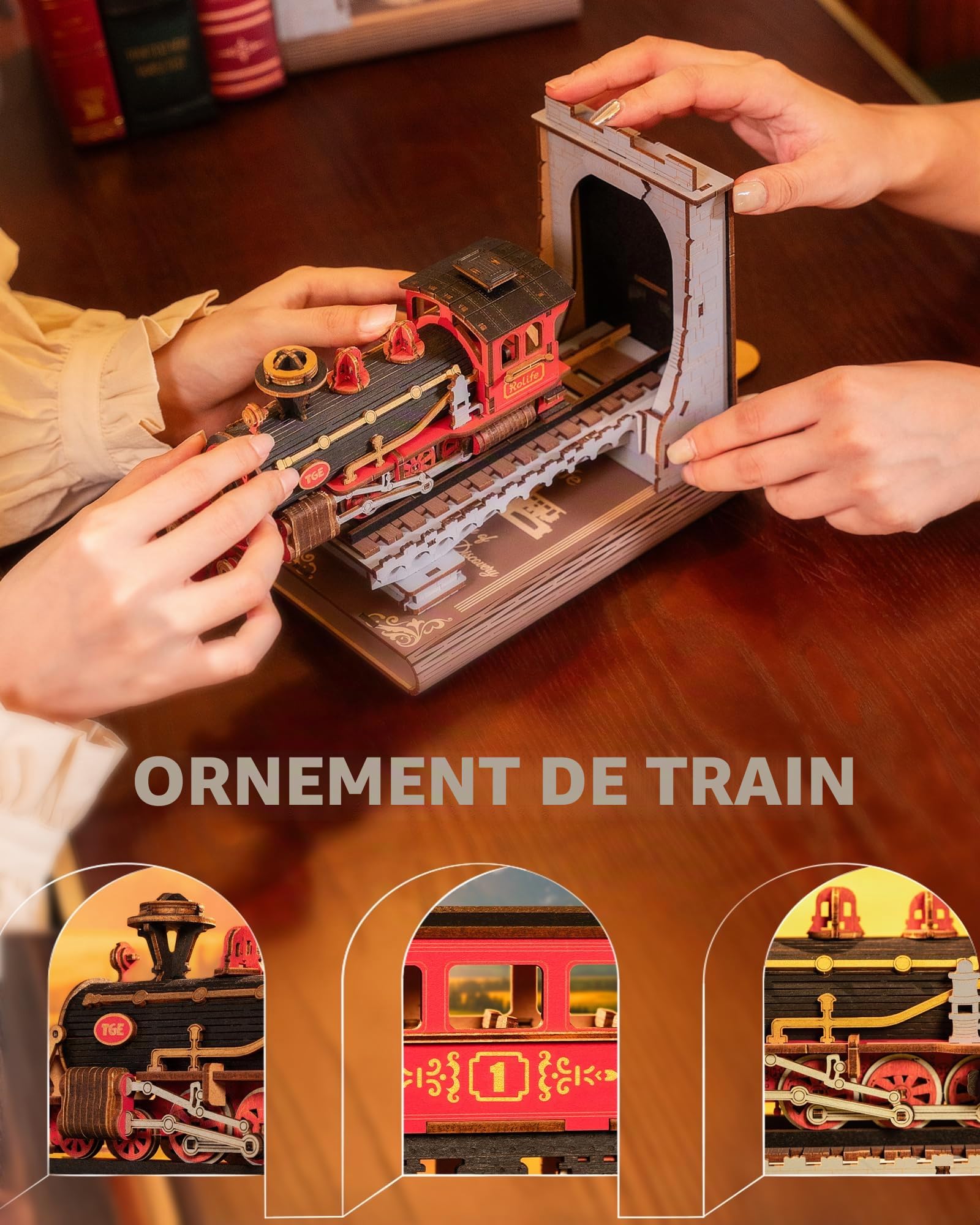 Rolife Book Nook Kit Maison Miniature à Construire DIY Maquette Adulte en Bois Décoration de Bibliothèque Livre Salon Puzzle Century Train 3D Booknook Bookend Modélisme Diorama Serre-Livres TGE01