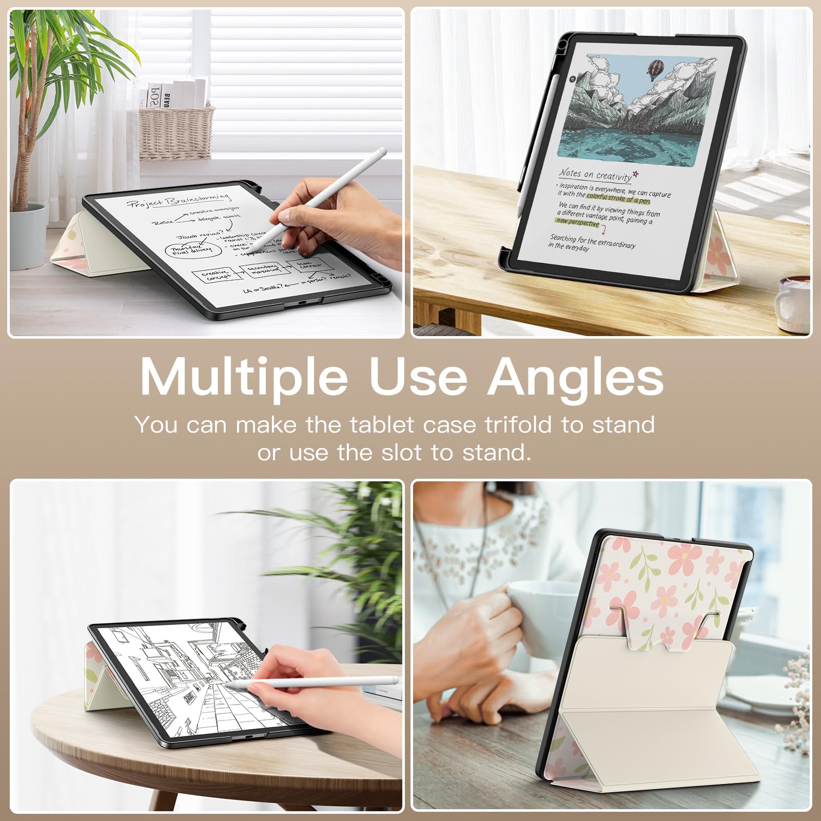 MoKo Étui avec Support for 11" Kindle Scribe(3e Génération-2025) & Kindle Scribe Colorsoft(1e Gén 2025) - étui en Cuir de Qualité Supérieure avec Porte-Stylo, Auto Veille/Réveil, Fleurs et Feuilles