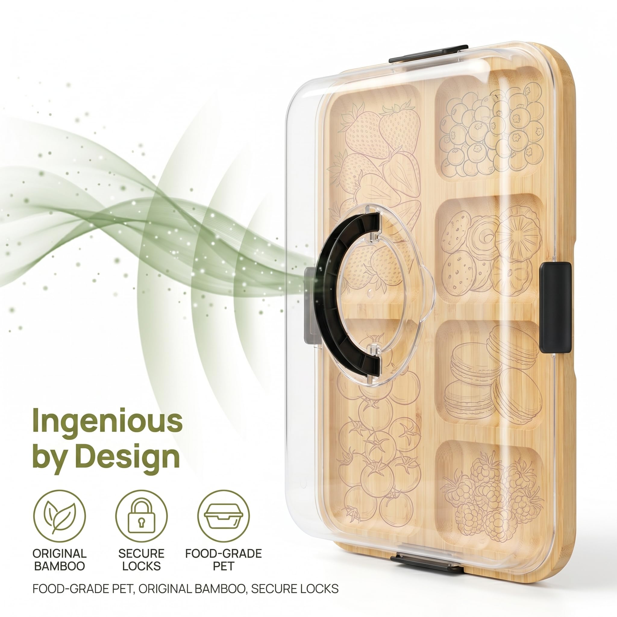 Charcuterie Board con coperchio, 36,7 cm, con manico, in bambù, con coperchio, vassoio da portata per formaggio, snack, antipasti, grande piatto per snack diviso, per picnic, feste, 2-4 persone
