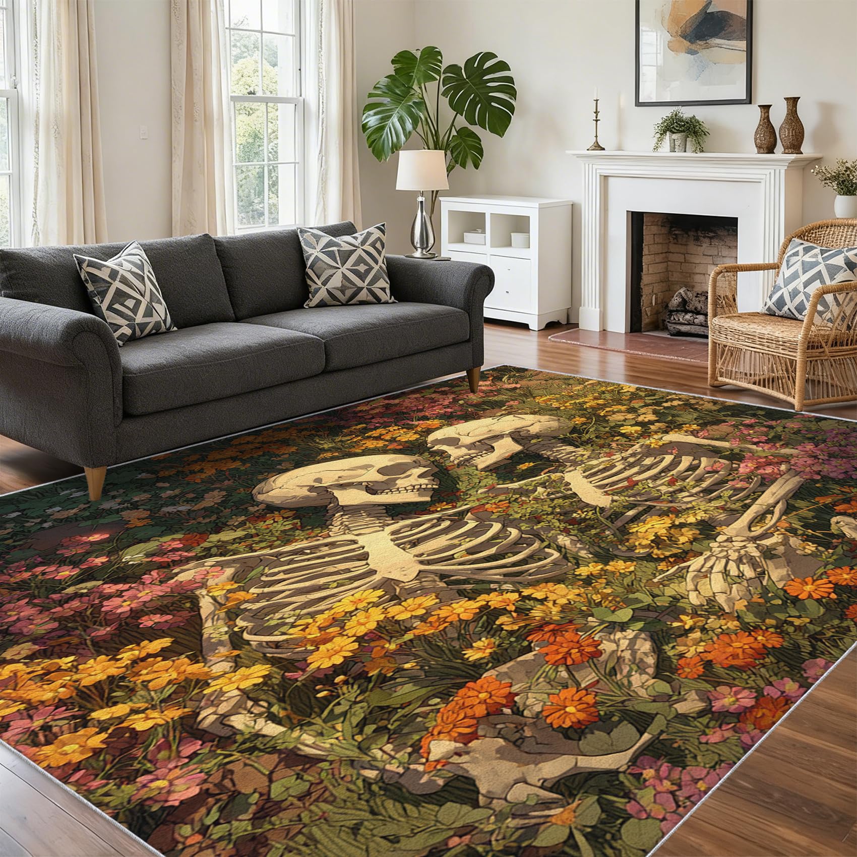 Tapis tête de mort fleurie lavable et antidérapant pour chambre