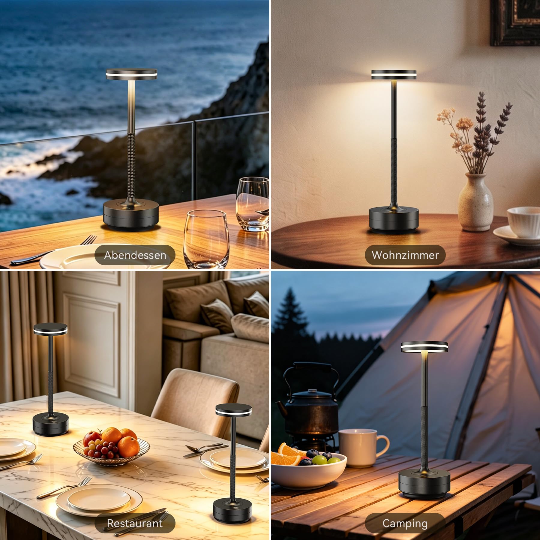 2 Stück Aluminium LED Tischlampe Kabellos, IP54 Wasserdicht 5000mAh Tischleuchte Kabellos mit Memory Funktion, Nachttischlampe Touch ohne Kabel mit 3 Farbtemperatur für Abendessen Restaurant (Schwarz)