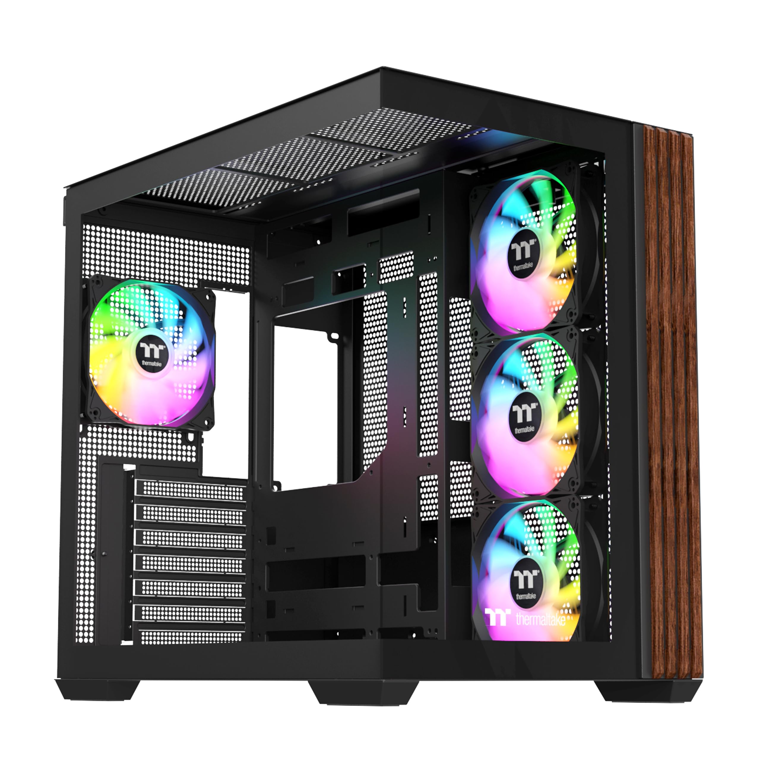 Thermaltake View 380 WS ARGB; chasis de Torre Media; moldura Lateral de Madera; Ventiladores ARGB Lite de 4 x 120 mm incluidos; Espacio de GPU de 415 mm; cámara Dual; ATX/mATX/mITX; Soporte de