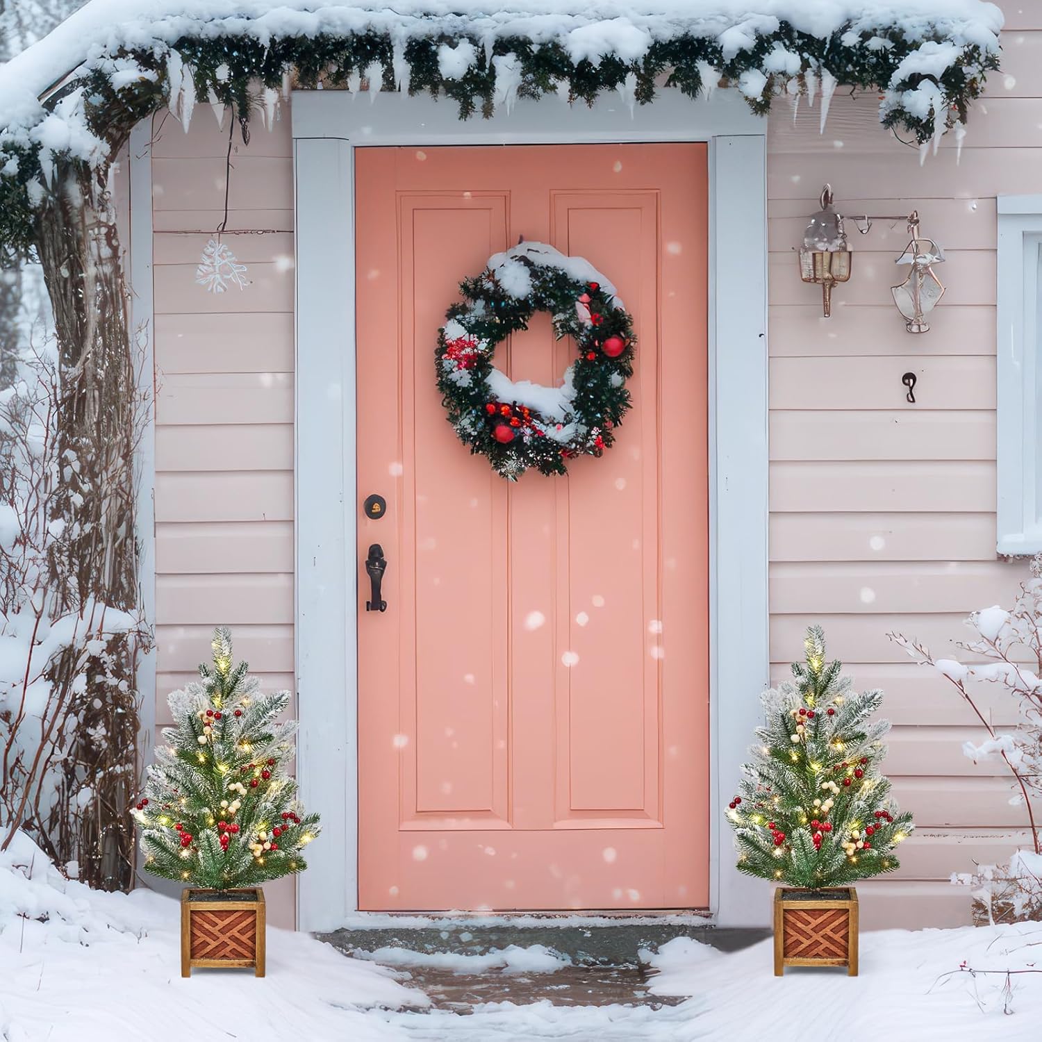 24 Inch Pre-lit Mini Christmas Tree with Lights, Small Green Frosted Artificial Tabletop Christmas Trees with Wooden Base, Miniature Pine Christmas Trees Decoration