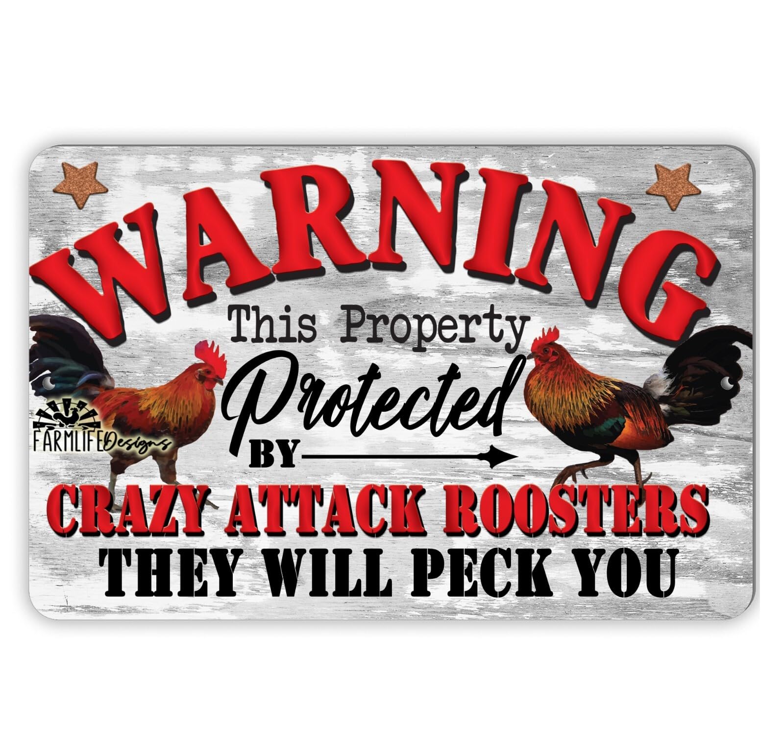 Funny Attack Rooster Sign Property Protected roosters Chicken warning chickens home decor