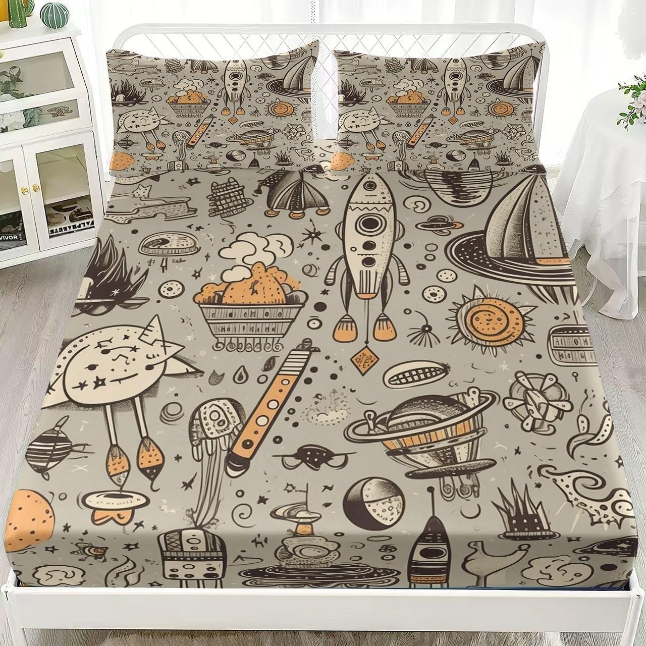 Bsyyzqc Boys Graffiti Style Single Fitted Sheet Space Bed Sheets Deep Pocket 12 Inch (30 Cm) Soft Cozy 3 Piece Microfibre Bed Sheet 90X190 Cm With 2 Pillowcases 50X75 Cm