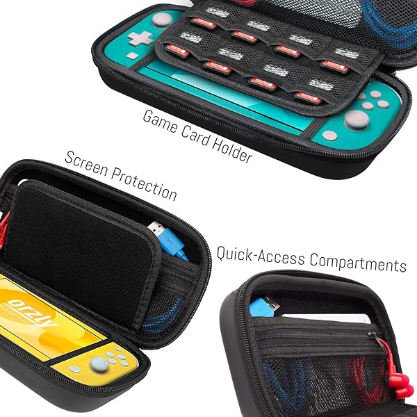Orzly Tragetasche kompatibel mit Nintendo Switch Lite (2019) – Aufbewahrungstasche - Hartschalen Case/Hülle/Schutzhülle für die Verwendung mit der Nintendo Switch Lite Konsole & Accesoires - SCHWARZ - 3