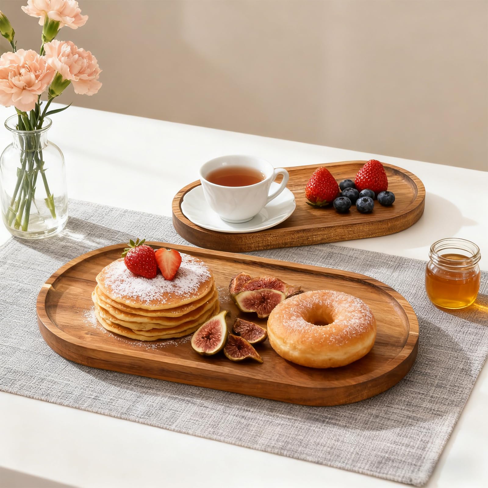 Elsjoy Lot de 2 plateaux de service en bois d'acacia, plateau de service ovale en bois pour la décoration de la maison, fruits, fromage