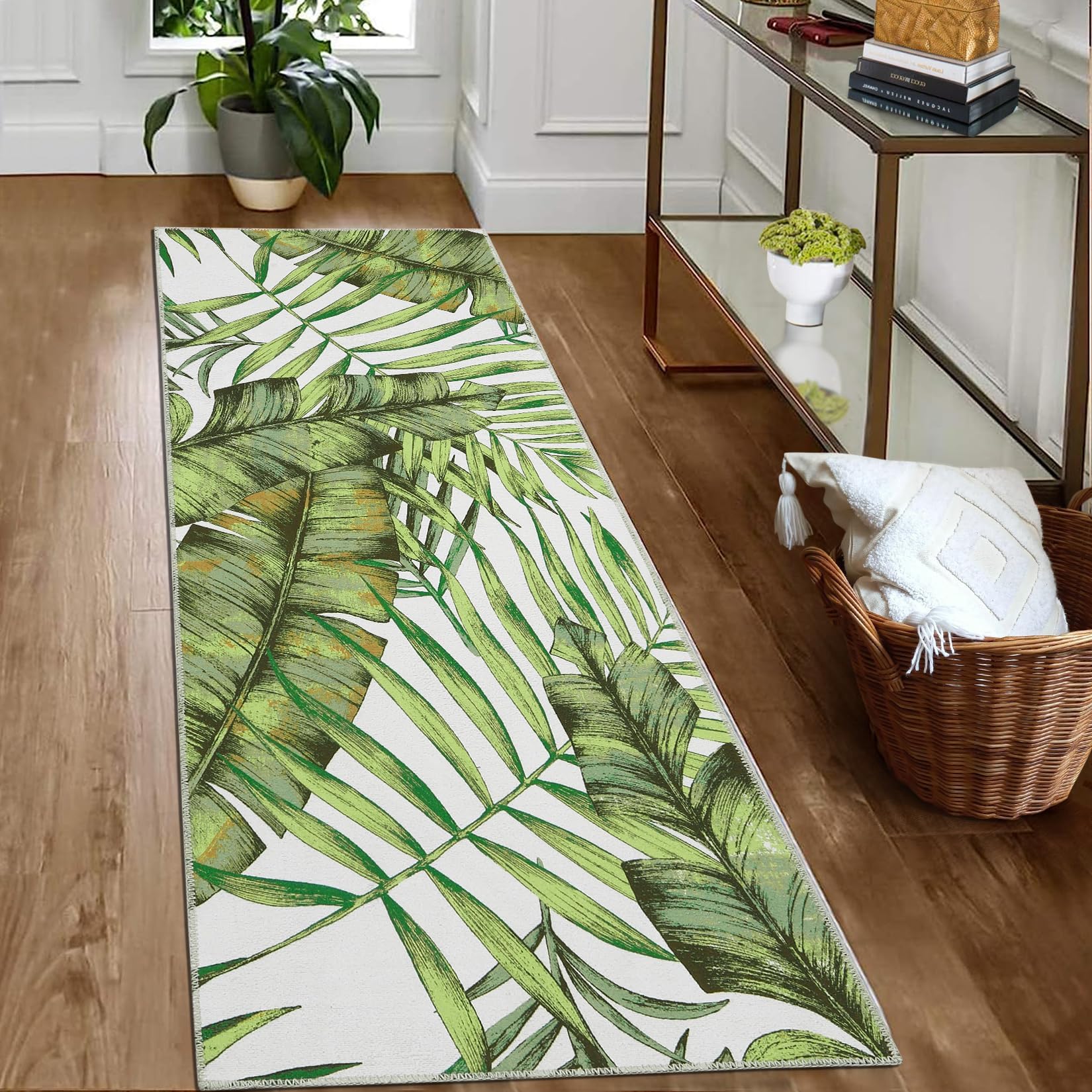 GlowSol Green Kitchen Runner Rug 2x6 Leaf Floral Indoor
