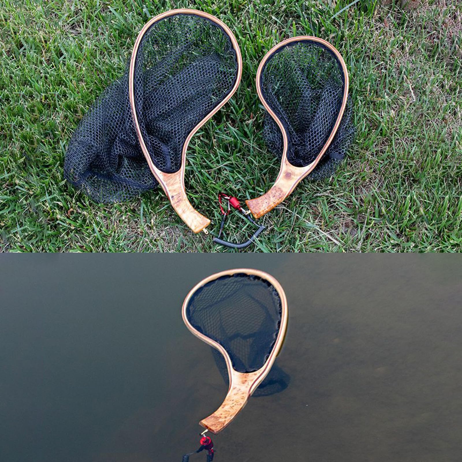 Guadino ergonomico curvo con manico in legno e maglie rinforzate, design per l'essiccazione, adatto per esche da pesca e atterraggio