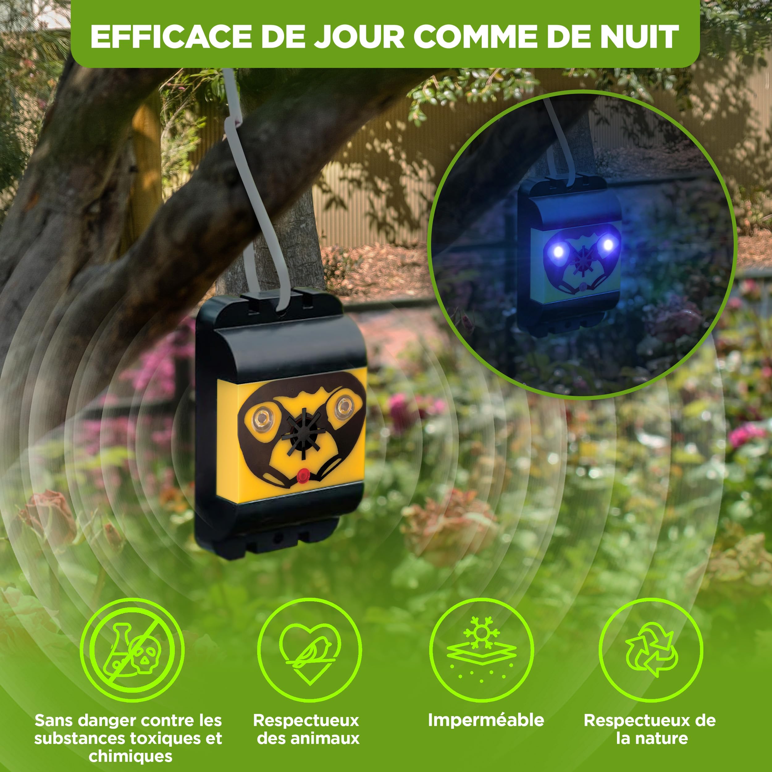 ISOTRONIC Répulsif Oiseaux Flash et ultrasons – À Piles pour Balcon et Jardin – Éloigne Pigeons et Oiseaux – Portée 40 m² – Lot de 3 unités pour Une Protection Efficace et Mobile