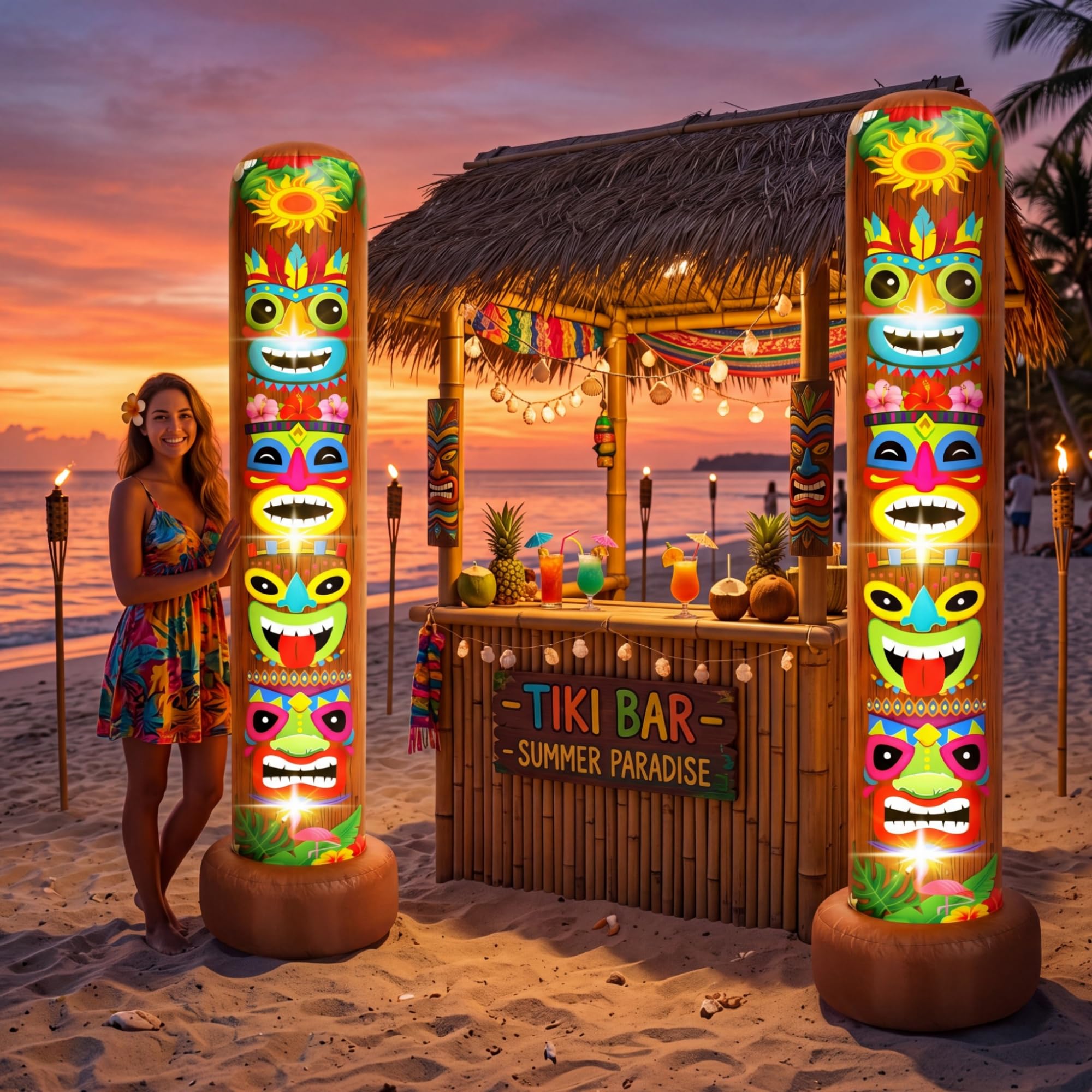 Photo 1 of Hollowfly 2 Pack 7 ft Inflatable Tiki Luau Party Decorations Hawaiian Luau Tropical Inflatables Tiki Decoration Blow up Party Beach Supplies for Hawaiian Bar Pool Outdoor Yard Decor(Summer)