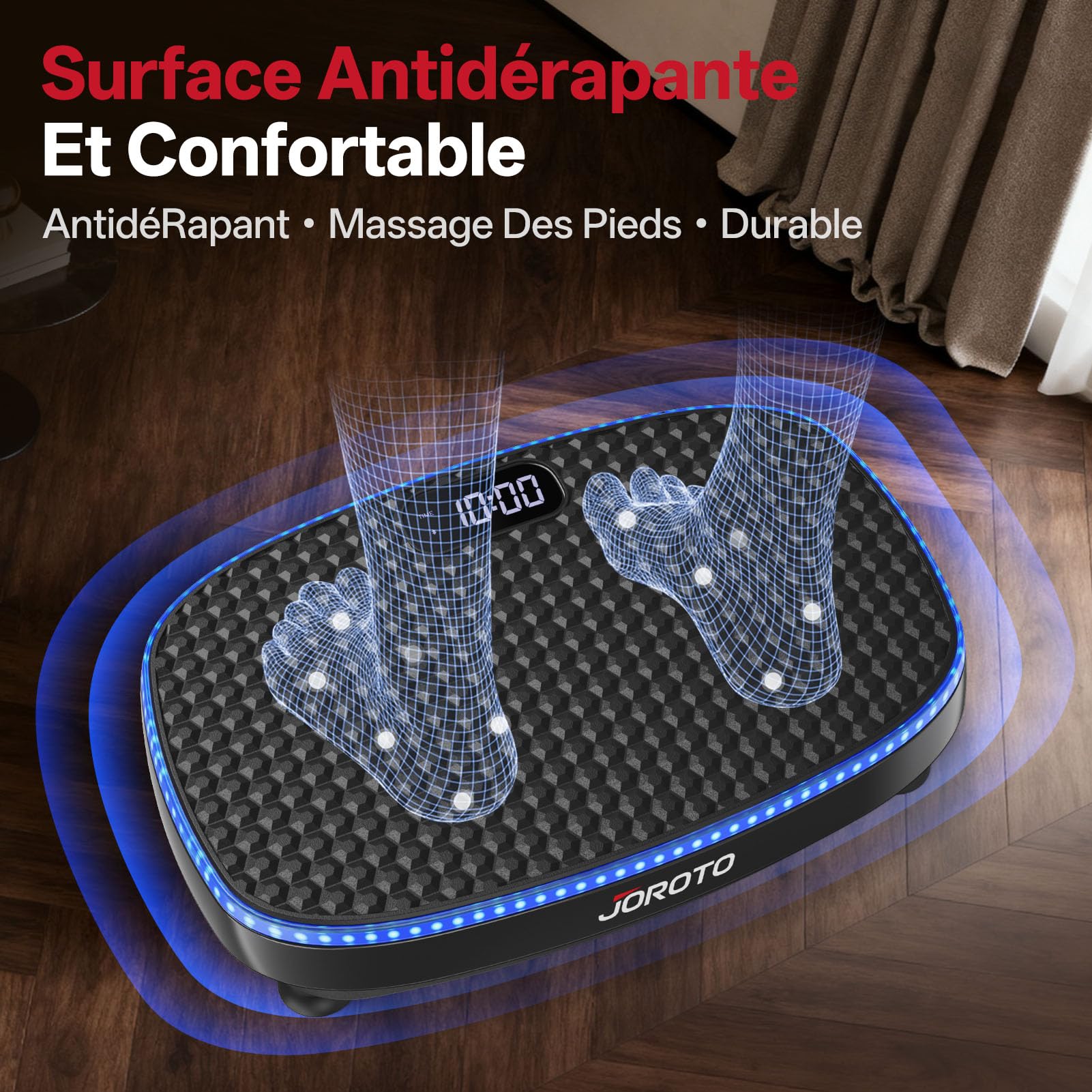JOROTO JV50/JV60 Plateforme Vibrante 4D pour la Maison, avec 3 Moteurs, 10 Programmes & 120 Niveaux, Haut-Parleur Bluetooth, Éclairage LED pour Entraînement Complet du Corps, Charge Max. de 158KG