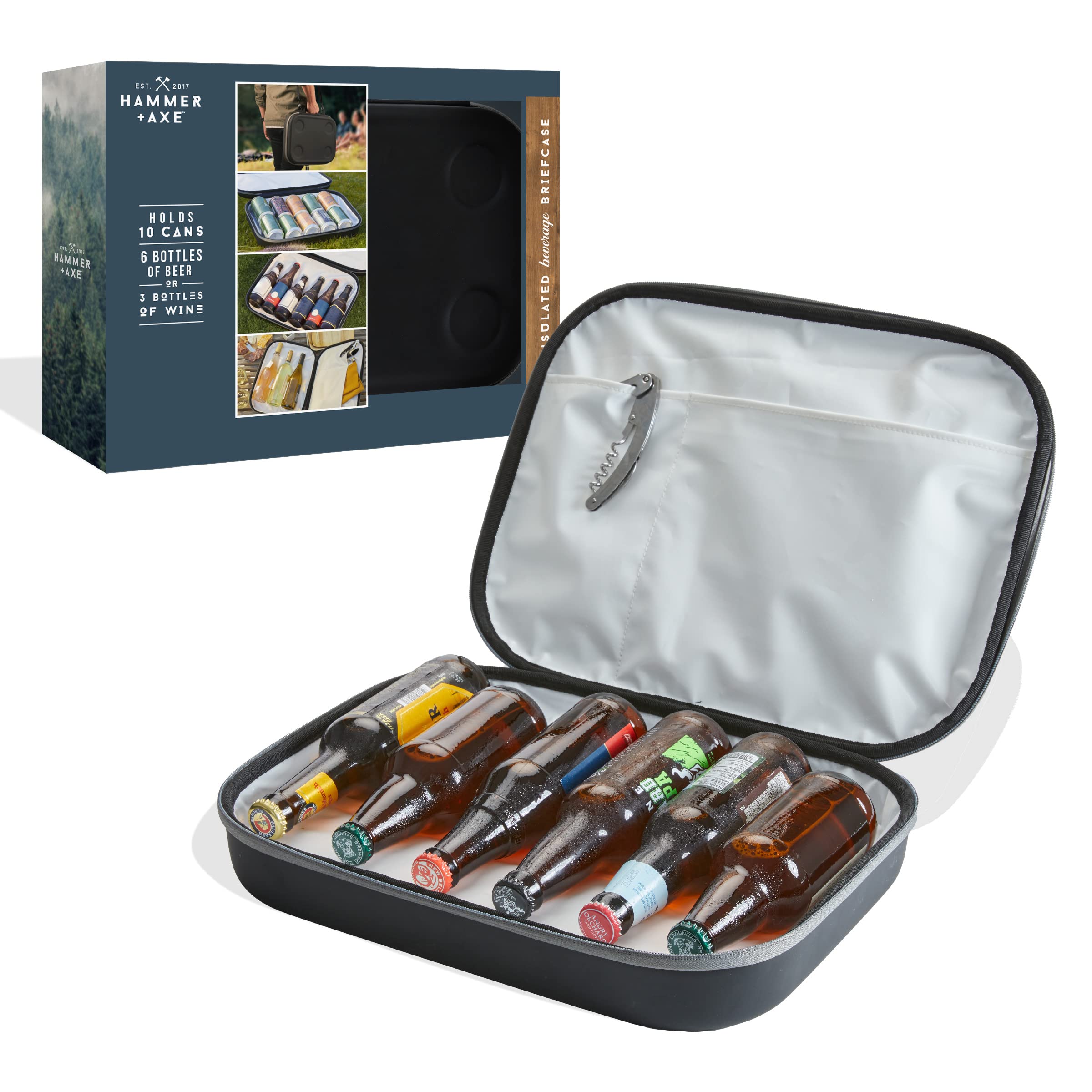 HAMMER + AXE Insulated Slim Beverage Briefcase, Waterproof Exterior with Removable Carrying Strap, Vintage Design with Built-in Pockets, Holds 10 Cans, 6 Beer Bottles, 3 Wine Bottles