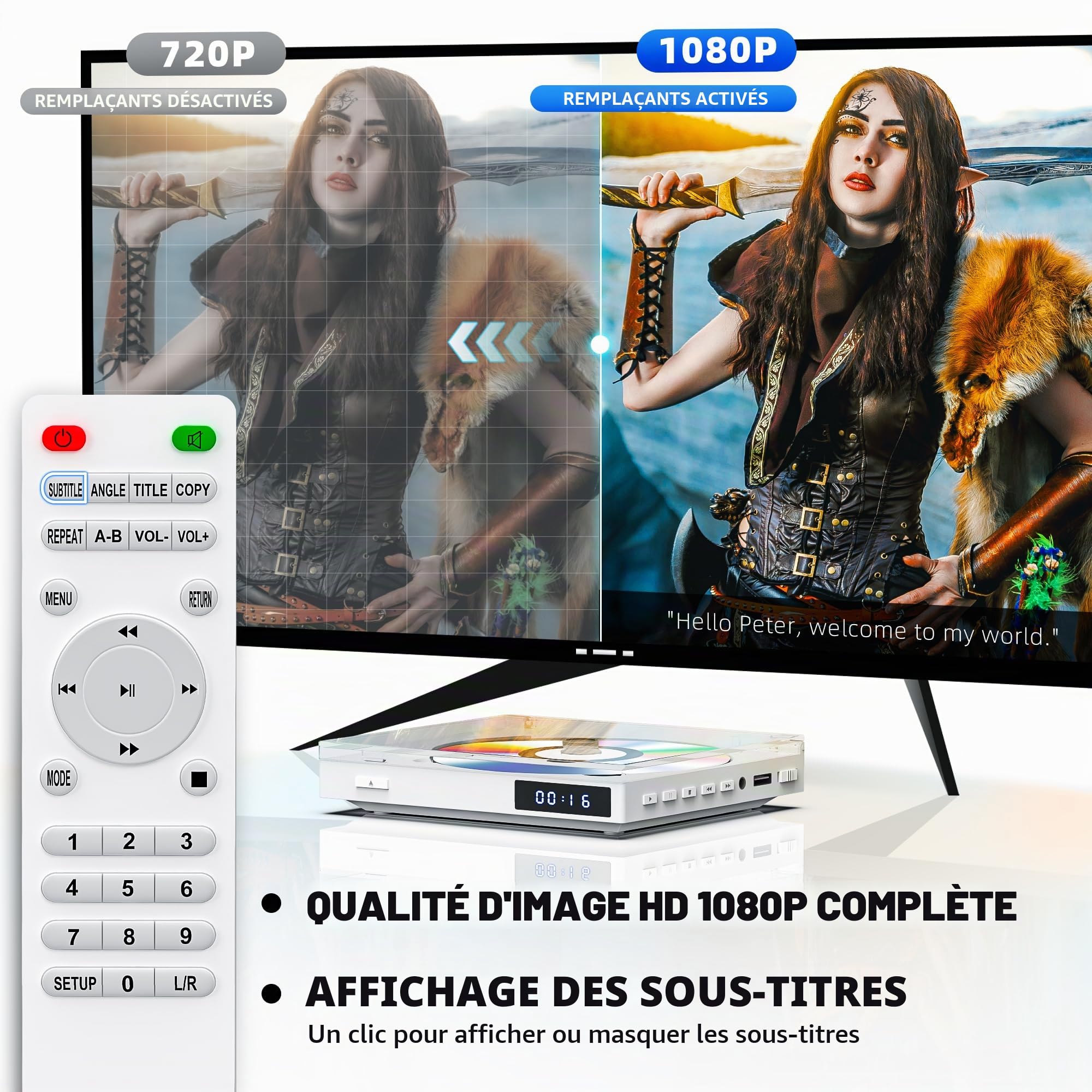Mini Lecteur DVD Toutes Régions 1080P HDMI AV USB AUX Compact avec Câble HDMI RCA Télécommande