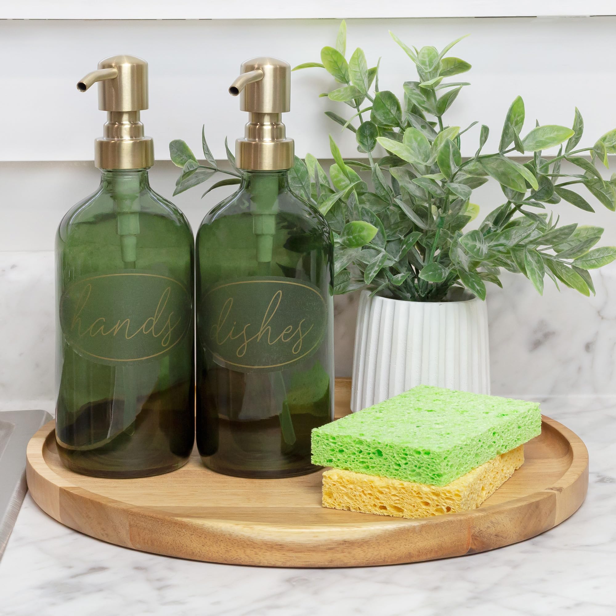 Darware Distributeurs de Savon en Verre Vert (Lot de 2, Pompes en métal doré, 473,6 g) ; Bouteilles à Pompe décoratives pour Cuisine et Salle de Bain