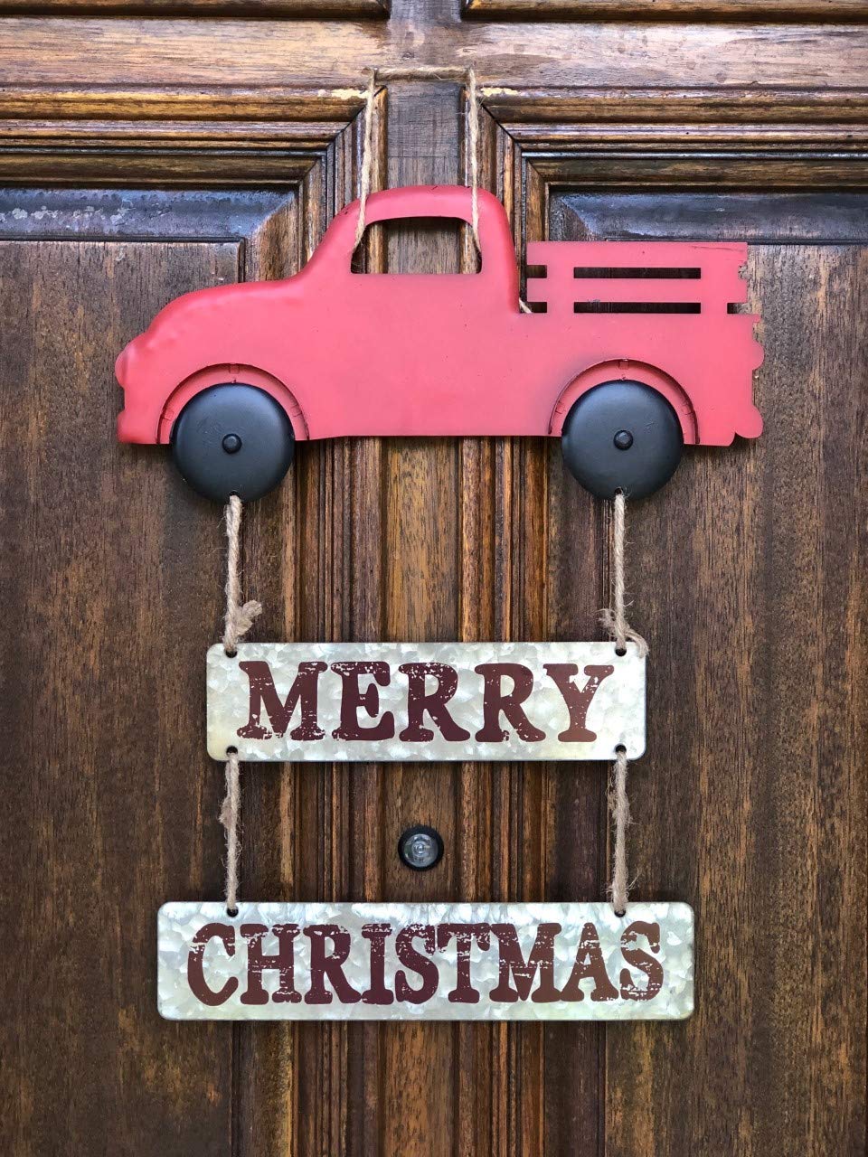Merry Christmas metalowa antyczna ciężarówka rustykalna dekoracja świąteczna na ścianę drzwi wejściowych do wewnątrz na zewnątrz 45 cm x 36 cm (czerwony)