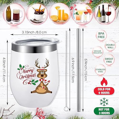 Miniatura 3 de Juego de 8 vasos de vino de Navidad de 12 onzas, divertido vaso de café aislado sin tallo con popote y cepillo para vacaciones, cumpleaños, Año