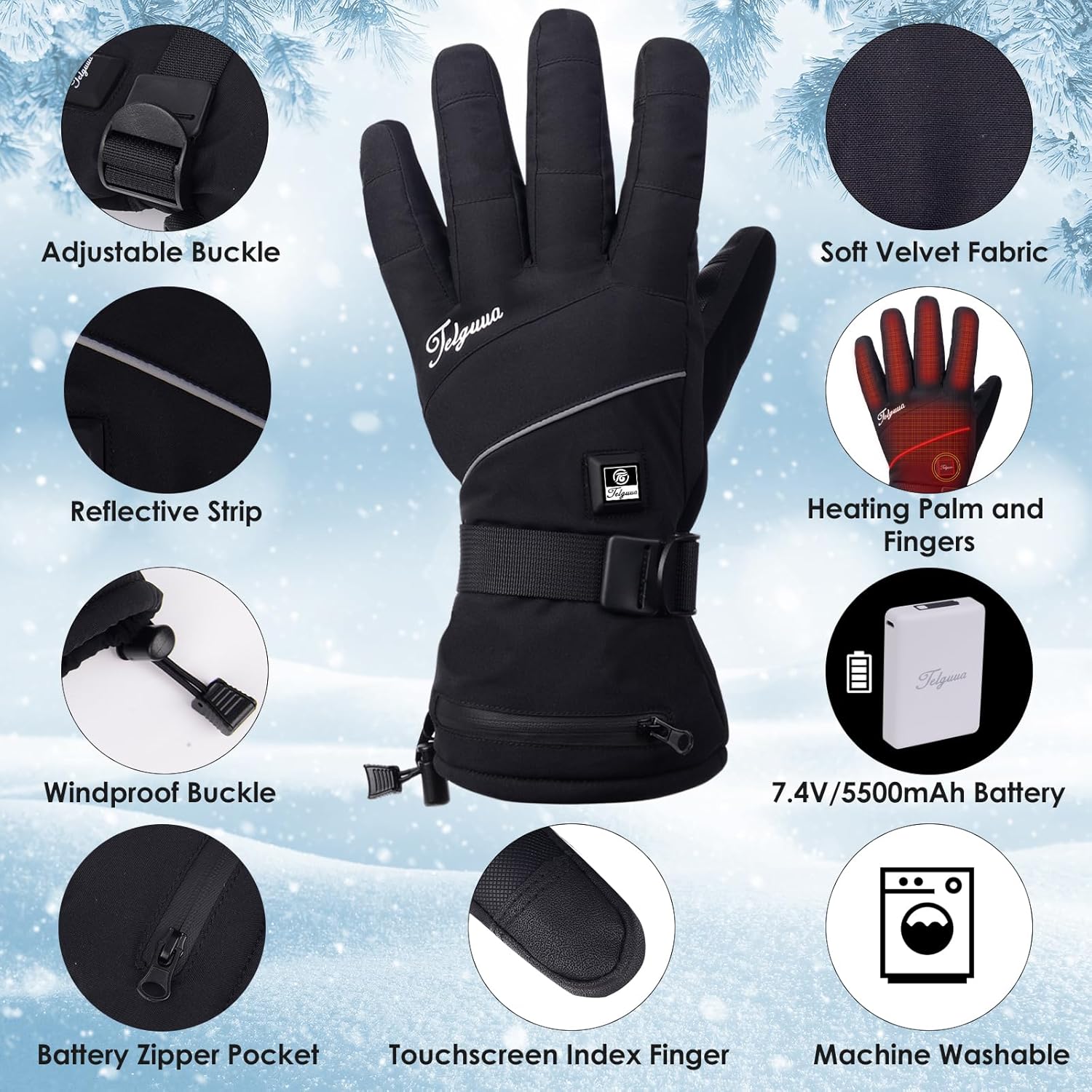Telguua Heated Gloves for Women Men,Electric Rechargeable Heated Work Glove Ski Mitten Waterproof Touchscreen Heated Gloves - Image 4