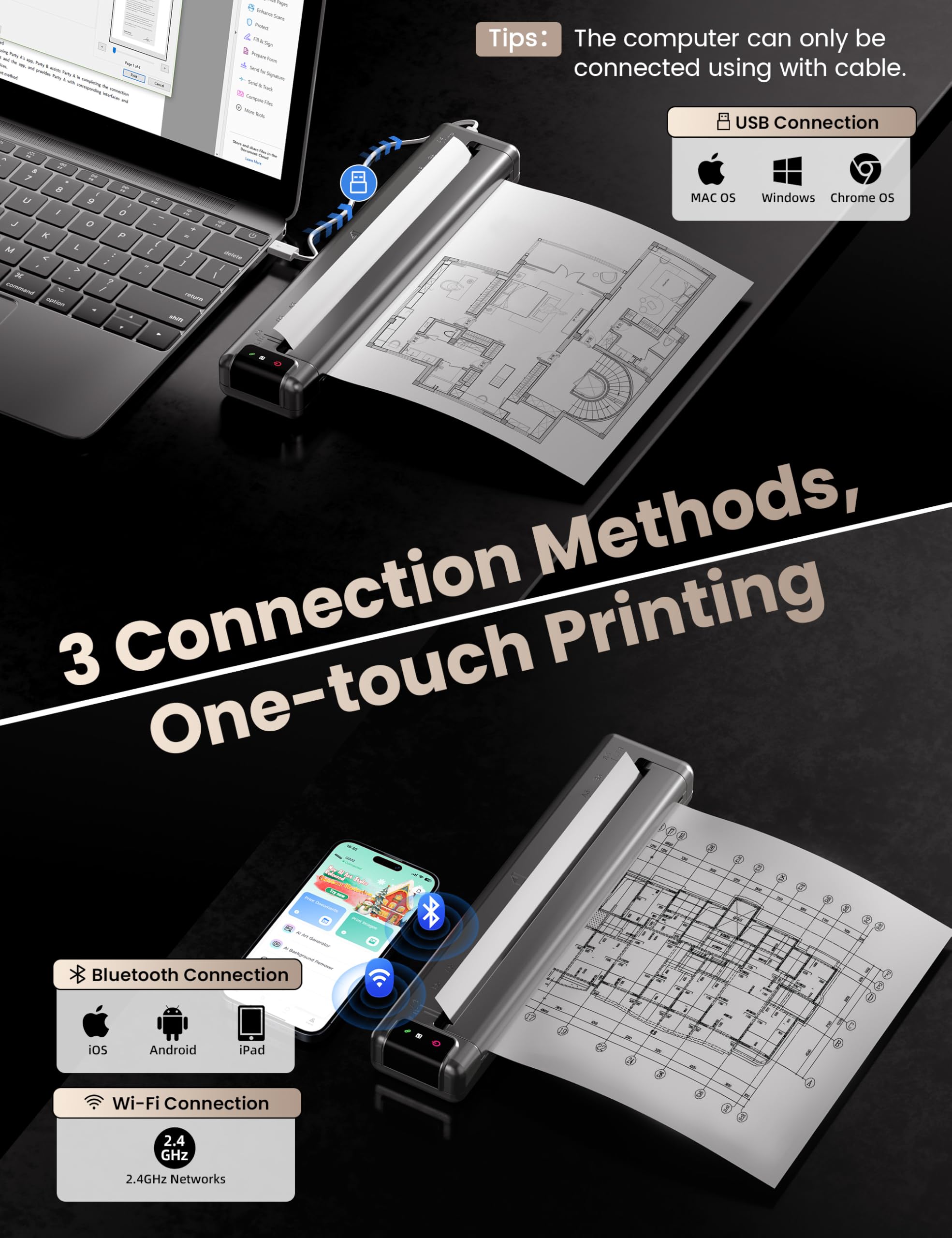 Phomemo Q302 Imprimante thermique A4 mobile WiFi Bluetooth USB 300 dpi