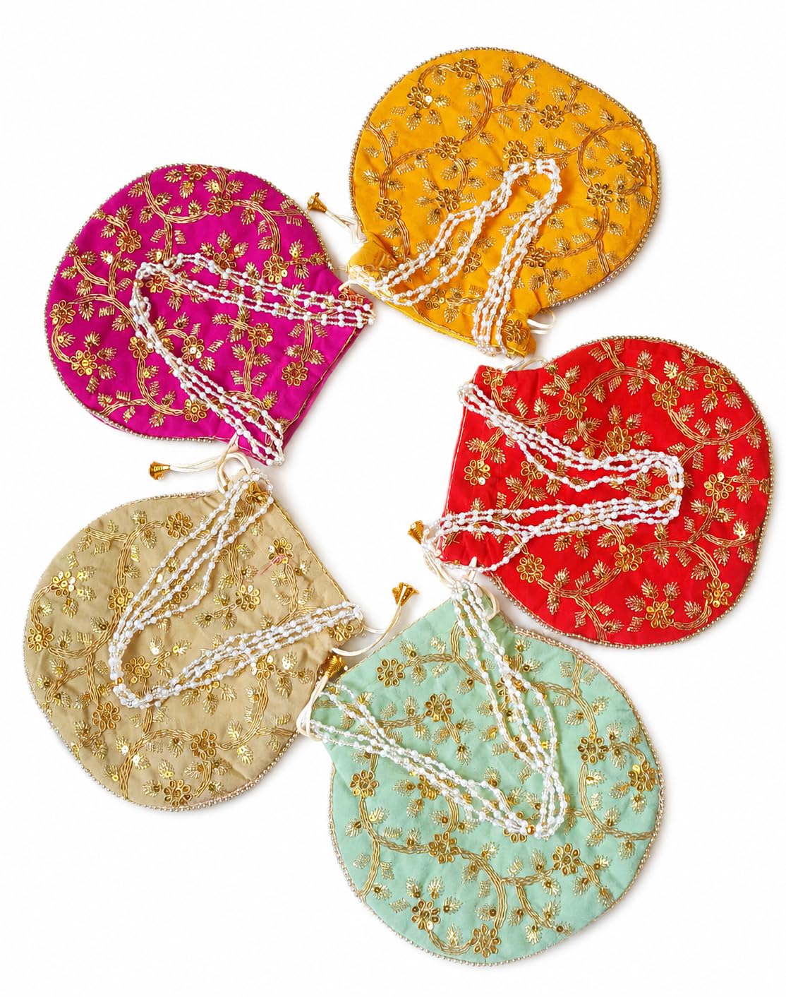 Combo of 5 Embroidered Potli Bags for Women with Pearl Beaded Handles | Floral Zari & Sequin Work Ethnic Handbags | Wedding, Bridal, Festive Potli Purse Set Multicolor-image-42