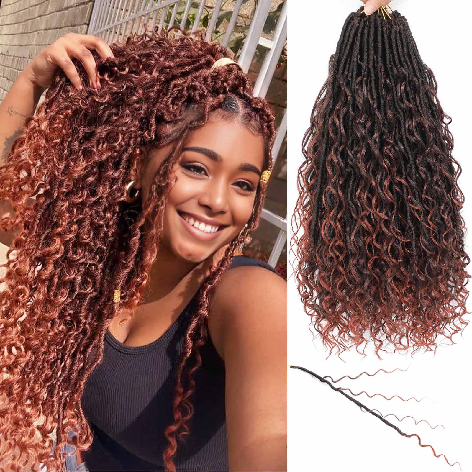 Goddess Locs Crochet Hair 7 Packs Bohemian Faux Locs Pre-Looped Braids, Boho Goddess Soft Locs Crochet Hair with Curly Ends Hair Extensions for Women