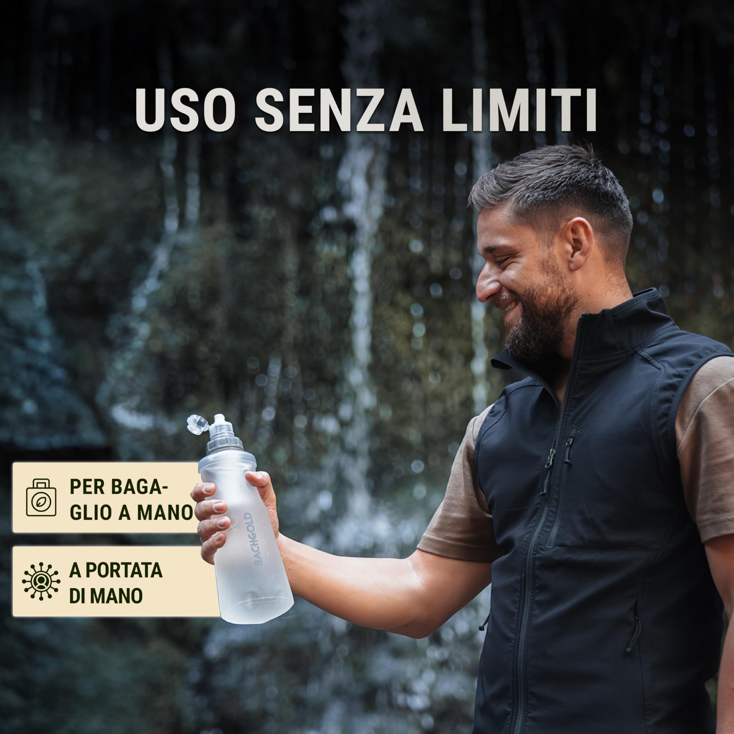 Bachgold® Squeeze Borraccia Filtrante – Filtro Acqua Potabile Ultraleggero con Potabilizzatore | Filtra Virus, Batteri & Microplastiche | per Trekking, Campeggio, Outdoor (Bianco, 1000ml)